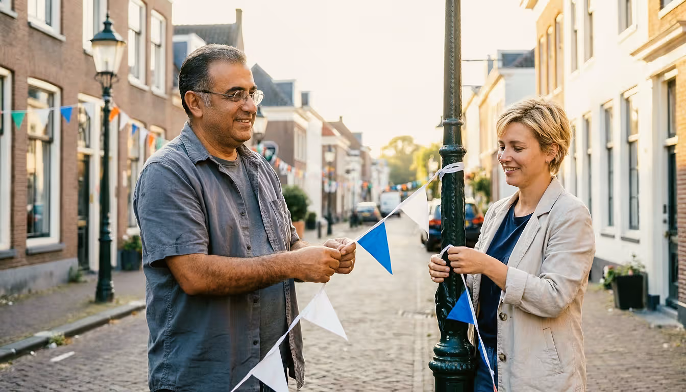 Twee vrienden spannen vlaggetjes over een afgesloten straat, klaar voor een buurtfeest