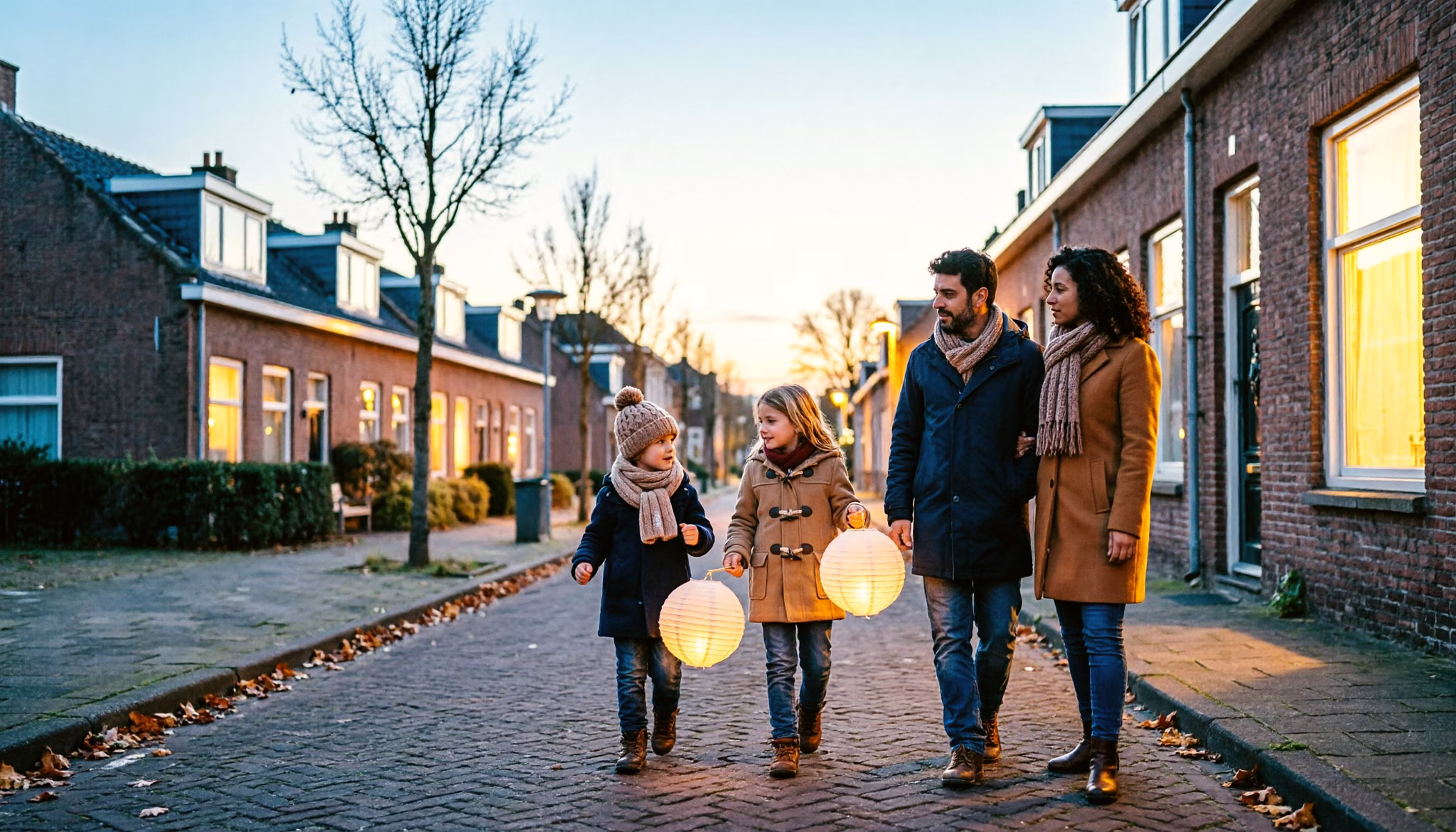 Een gezin loopt met een lampion door de eigen straat op een herfstavond