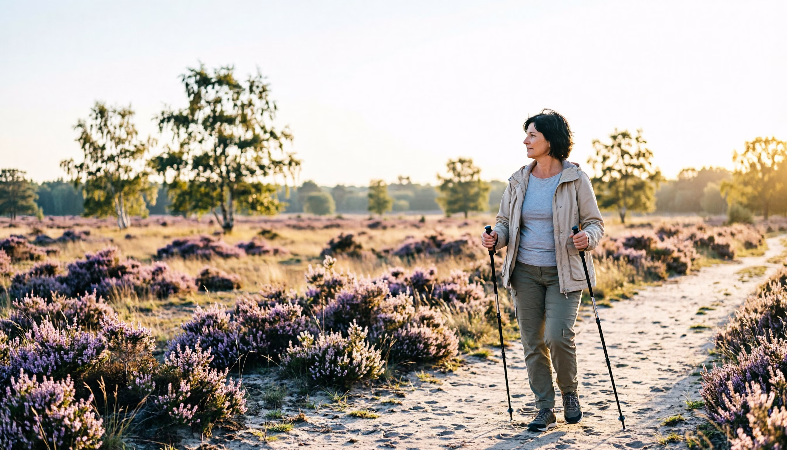 A woman in her early fifties walks with Nordic walking poles across a Dutch heathland in morning light