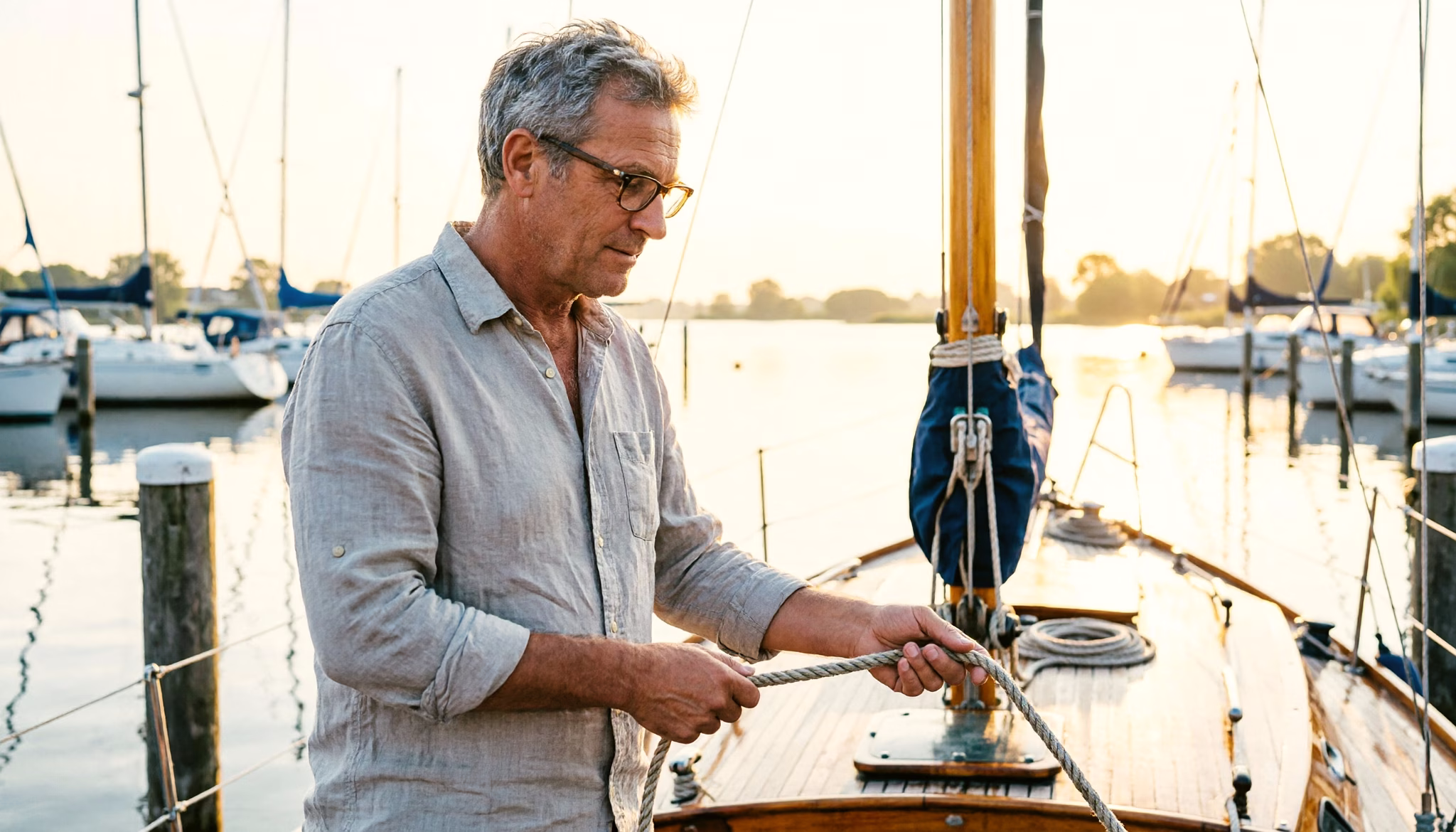 A man in his mid-fifties readies his small sailboat at a calm Dutch lake jetty