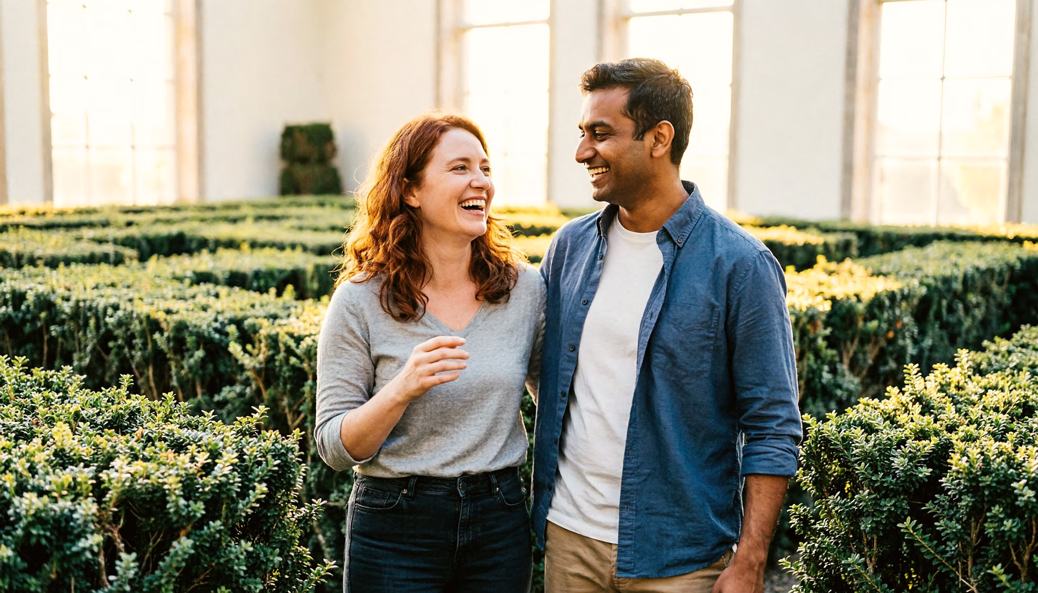 A couple in their early thirties laughs while finding their way through a Dutch hedge maze