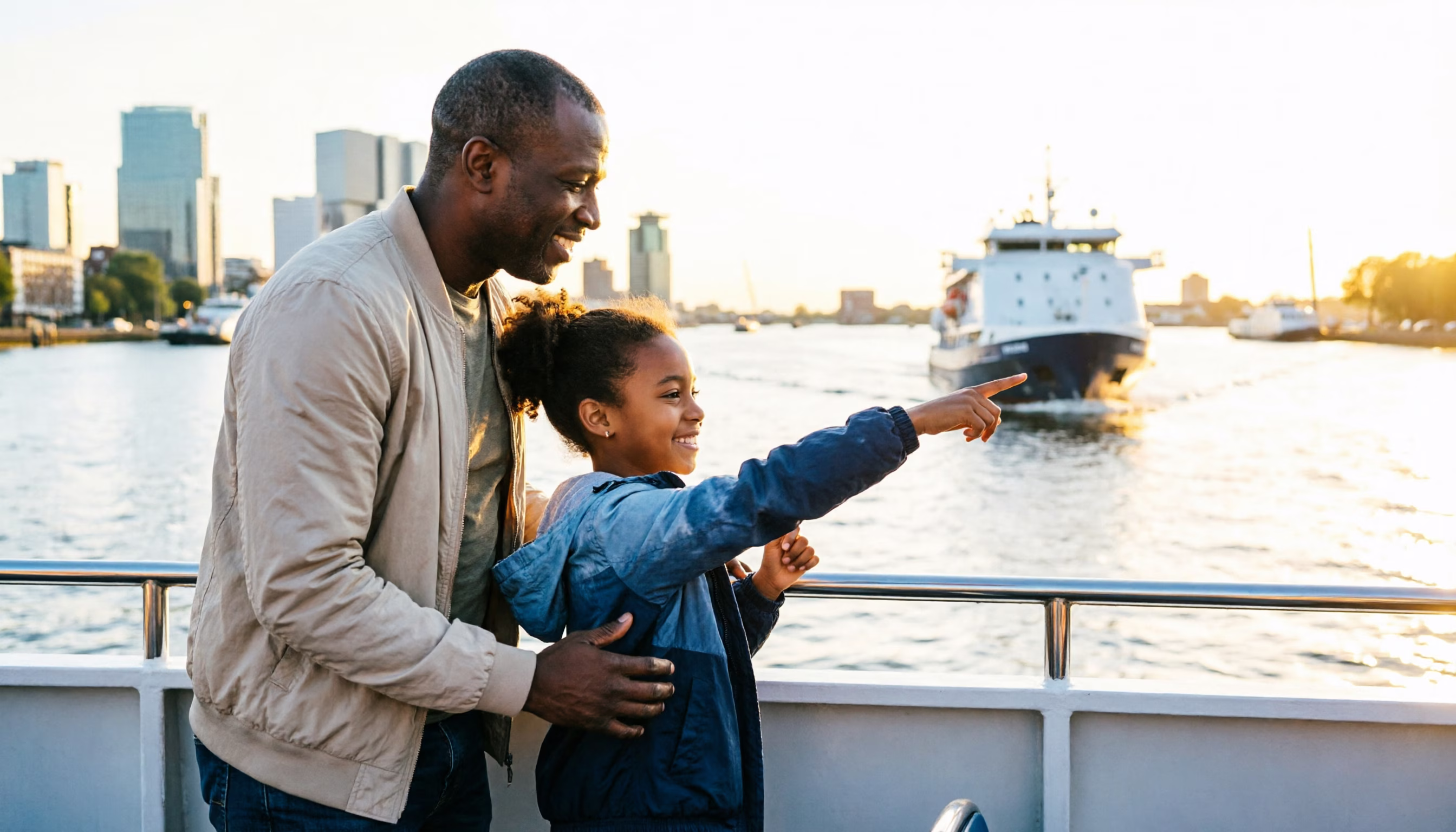 A father and his young daughter ride a Dutch city ferry, watching a ship pass in golden light