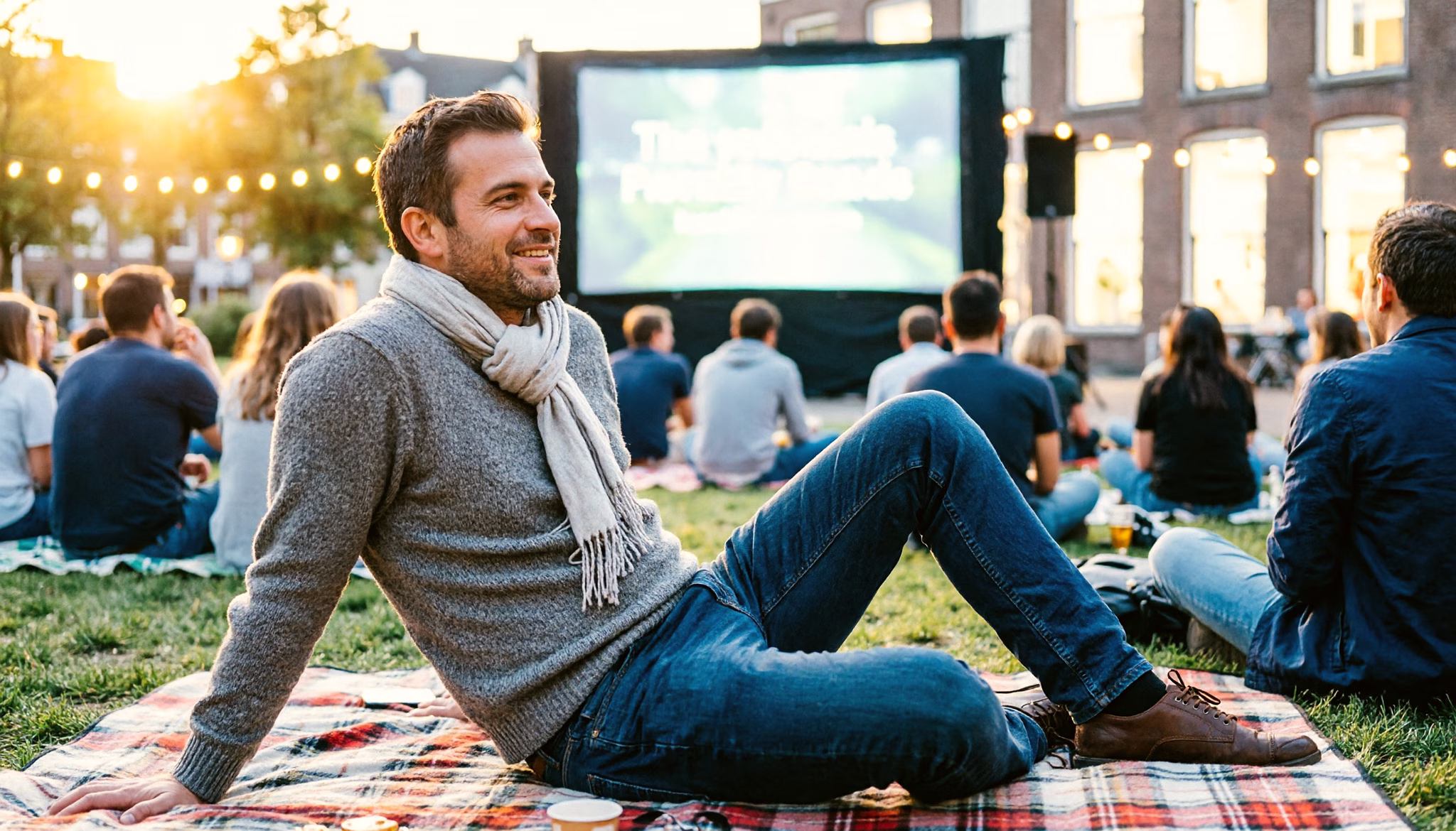 A man in his mid-thirties relaxes on a blanket at an open-air film evening in a Dutch park