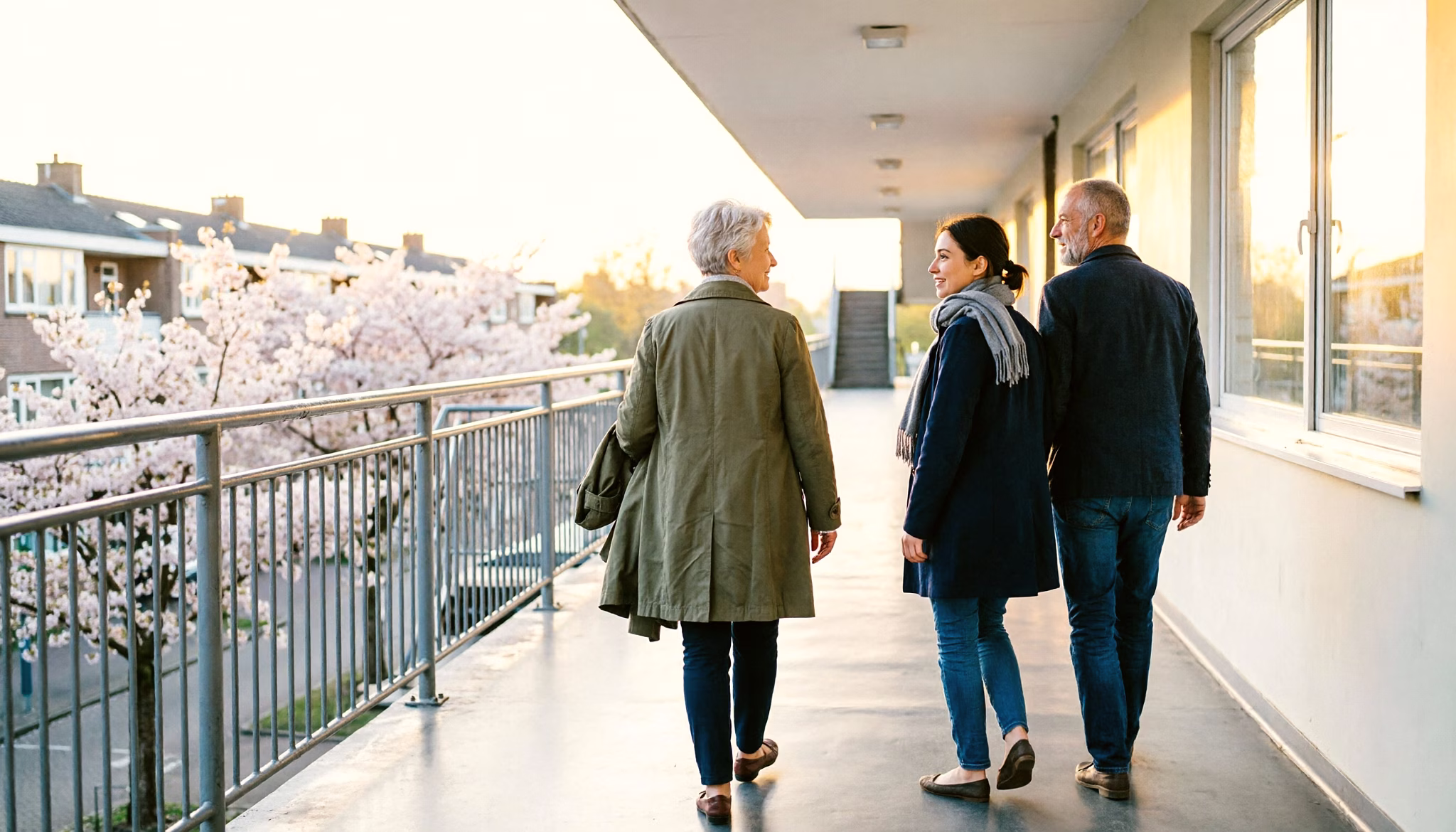 A couple in their sixties and their adult daughter walk together along the open gallery walkway of a Dutch flat block at first light in spring