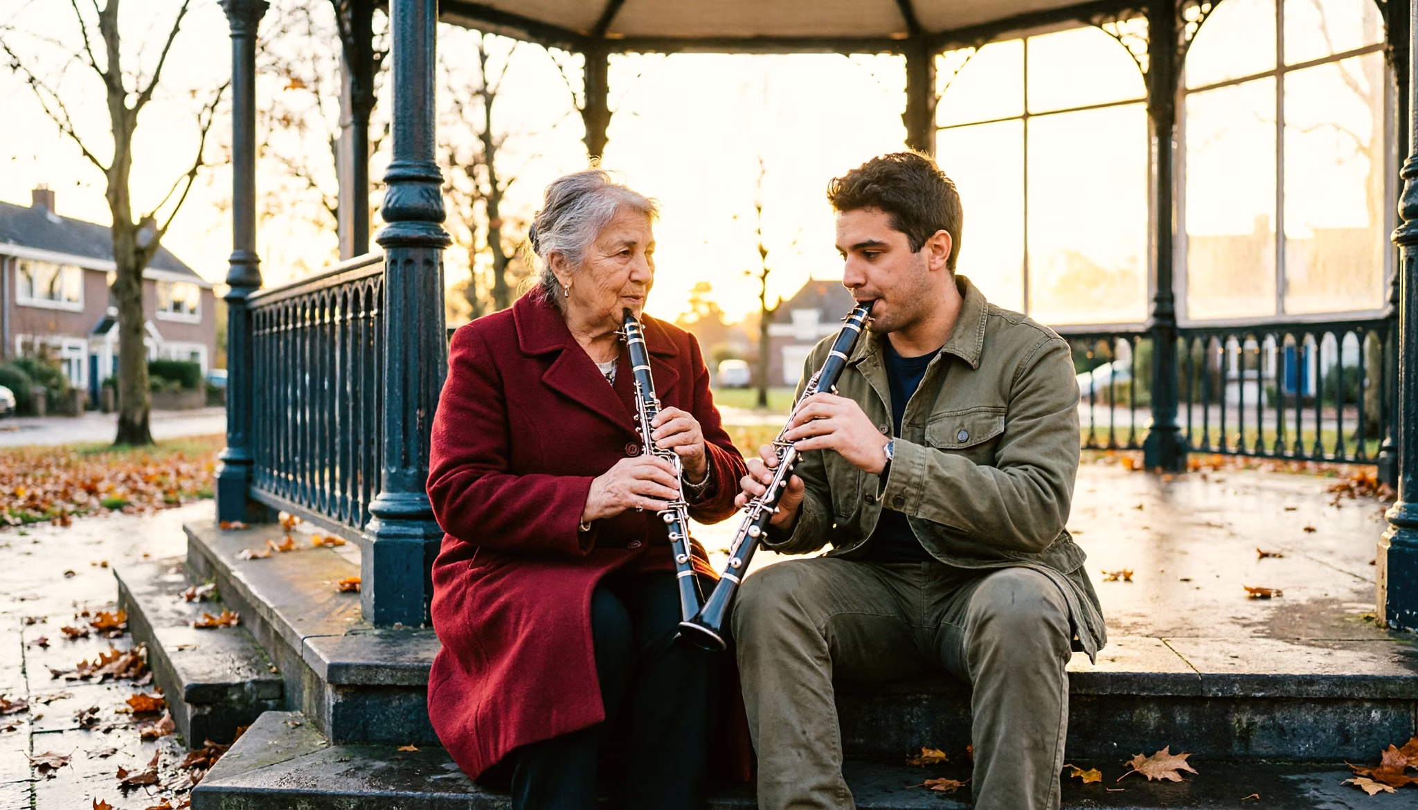 A grandmother and her adult grandson sit on the steps of a park bandstand on an overcast autumn afternoon while he plays a few notes on a clarinet