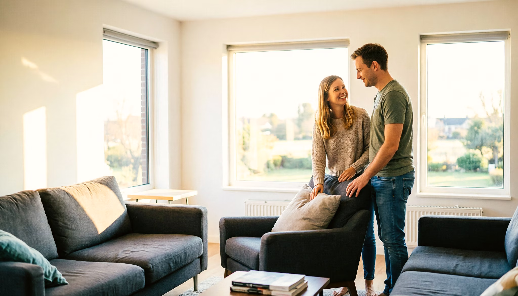 Een stel zet samen een tweedehands fauteuil op zijn plek in hun lichte woonkamer
