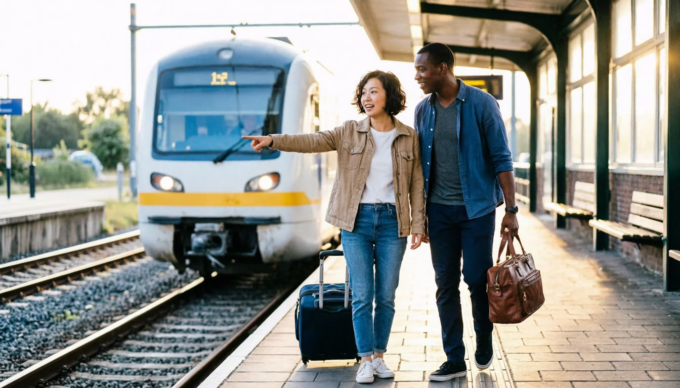 A couple step onto a Dutch railway platform with weekend bags, off on a trip