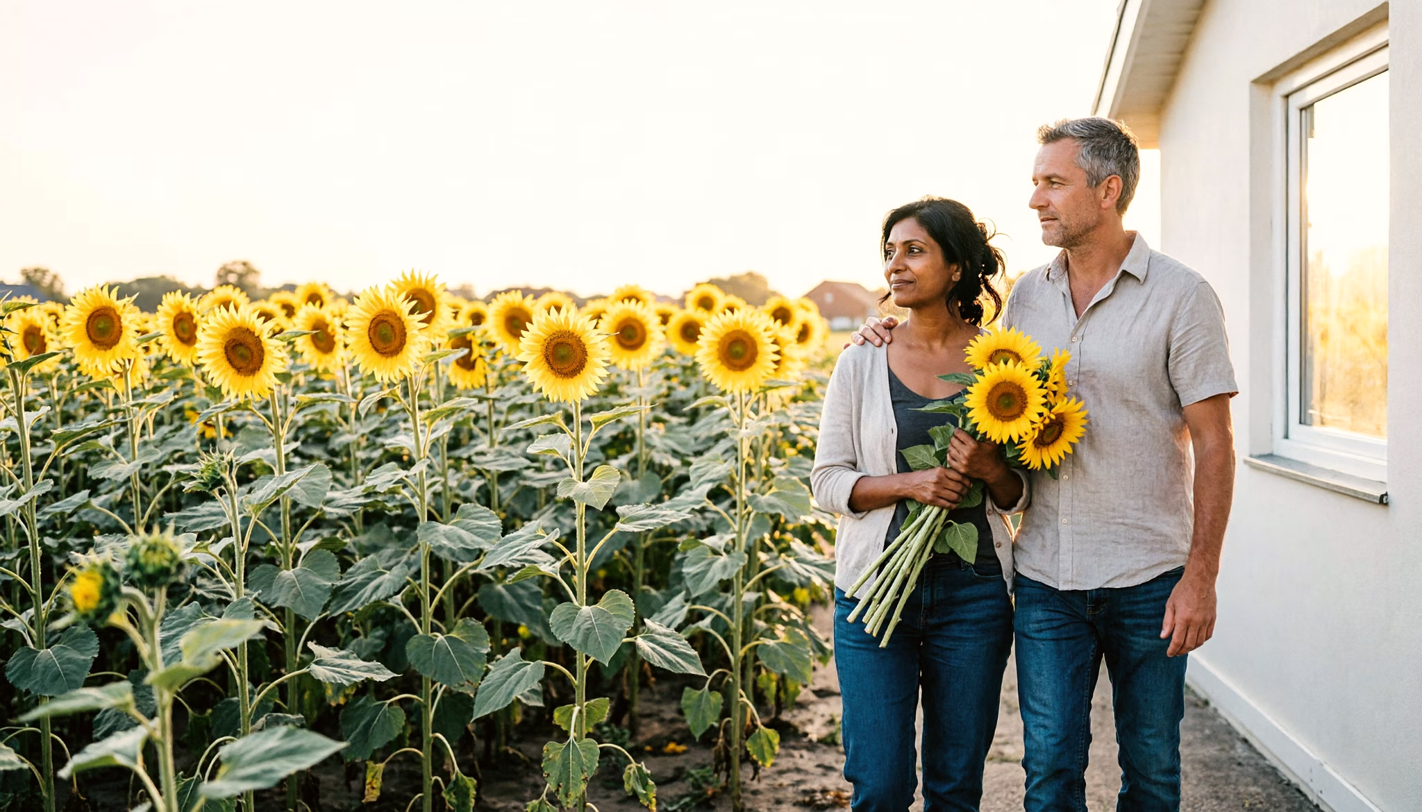 A couple walk out of a pick-your-own sunflower field with an armful of sunflowers