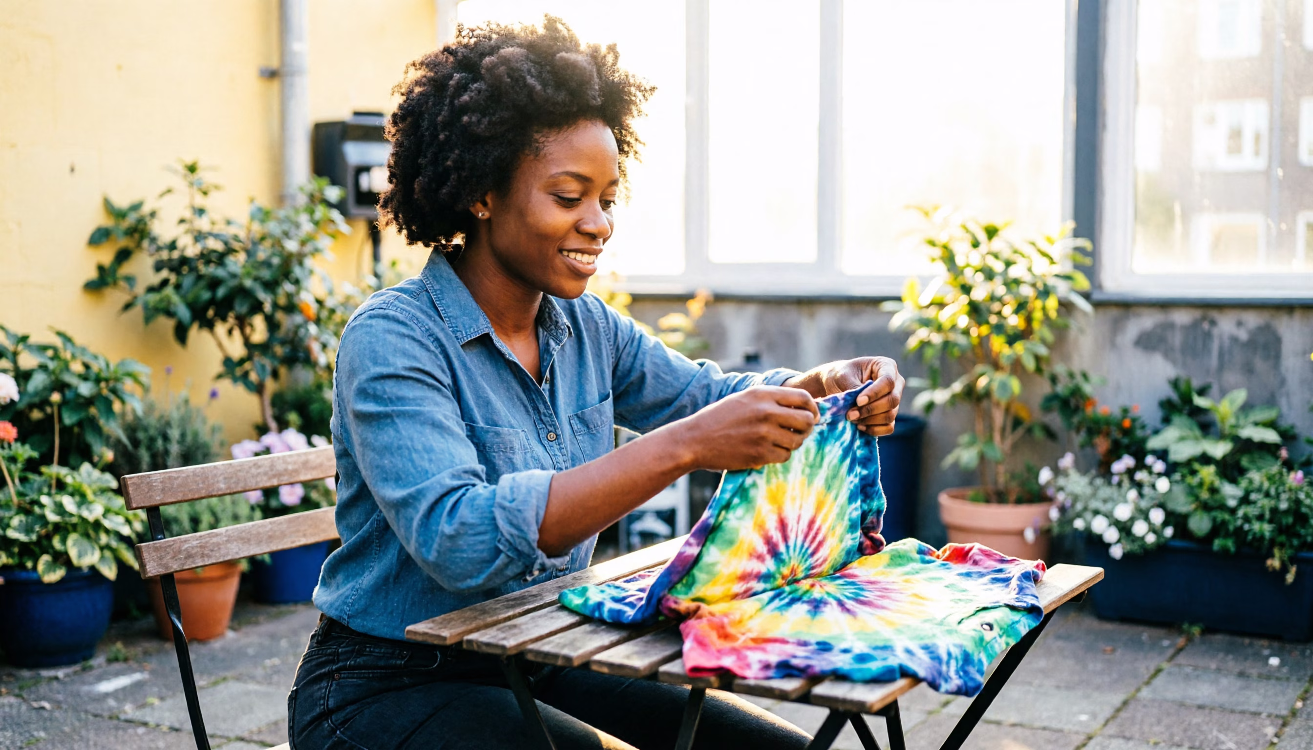 A woman tie-dyes a shirt at a table in her sunny city courtyard