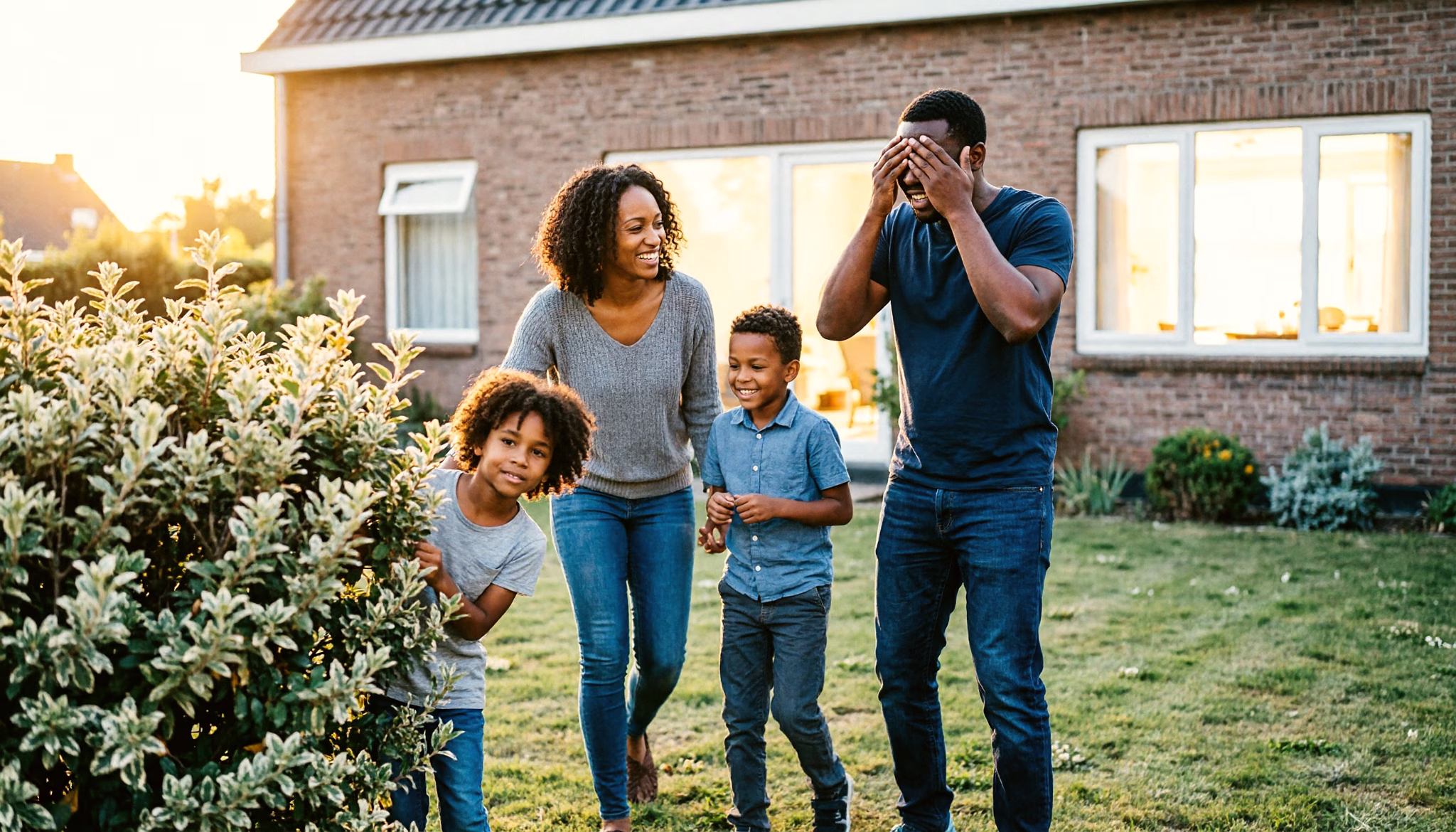A family play hide-and-seek in the garden of their extended home