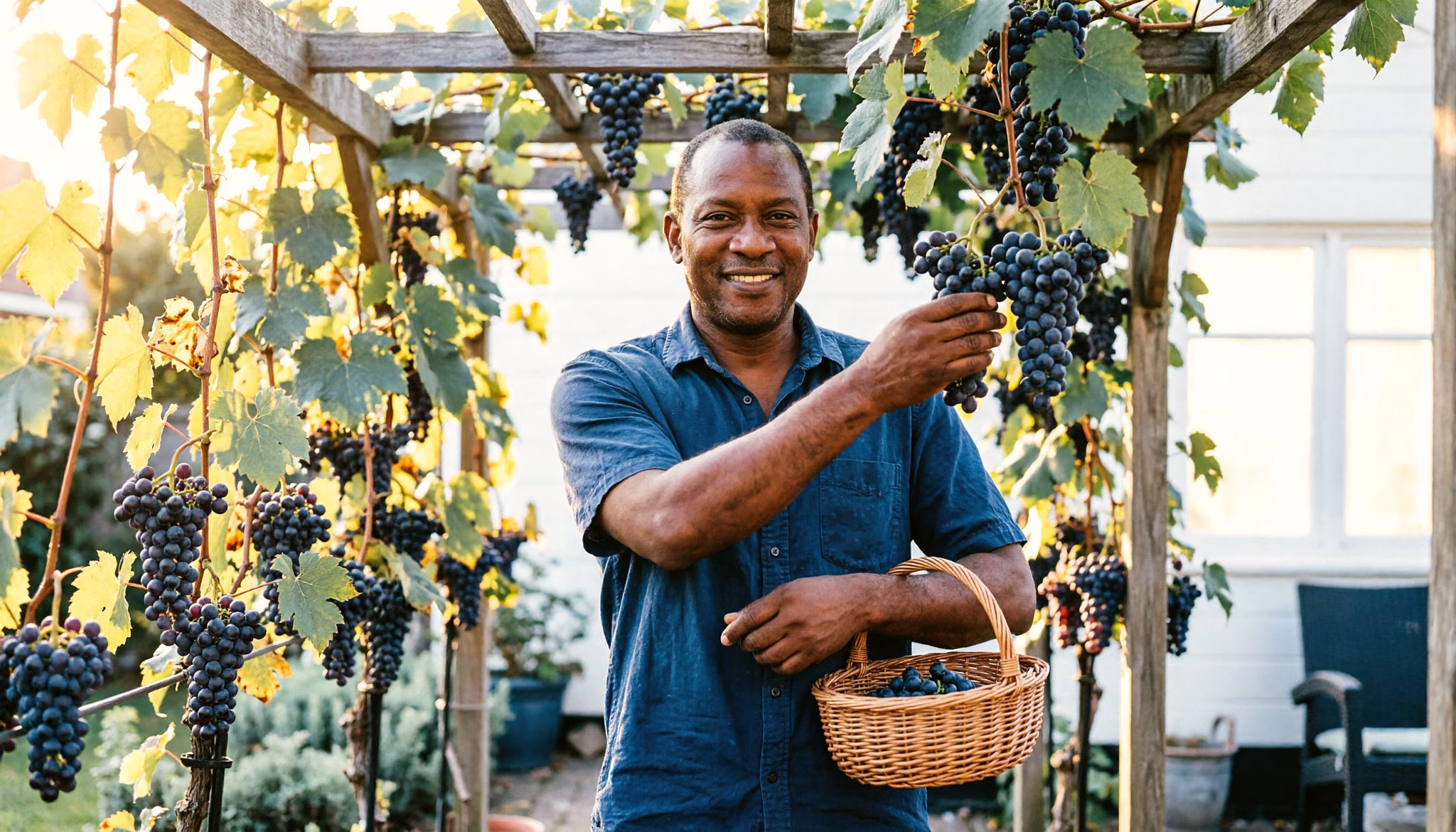 A homeowner picks ripe grapes from the vine over his garden pergola