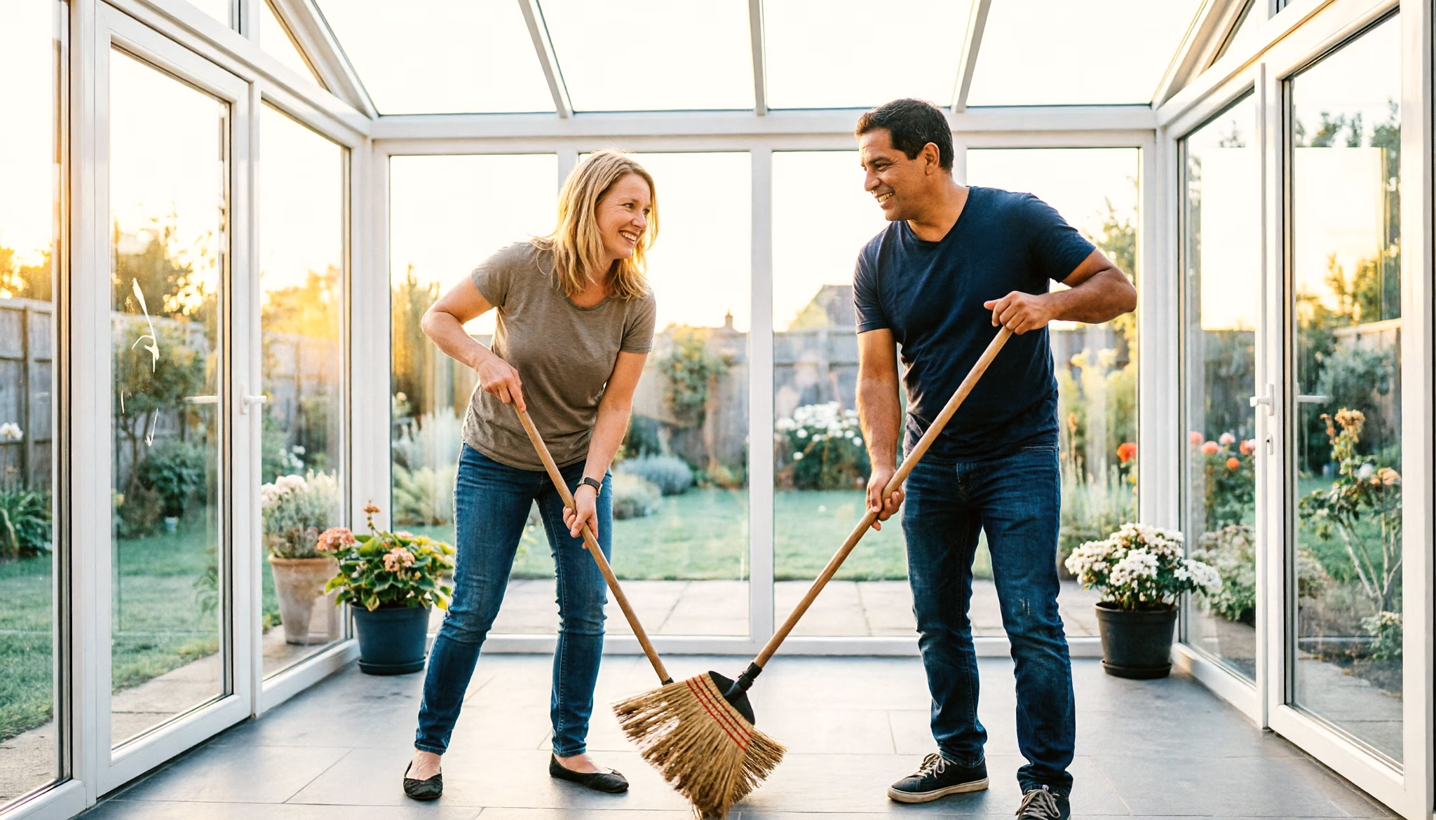 A couple give their just-finished glass garden room its first playful sweep