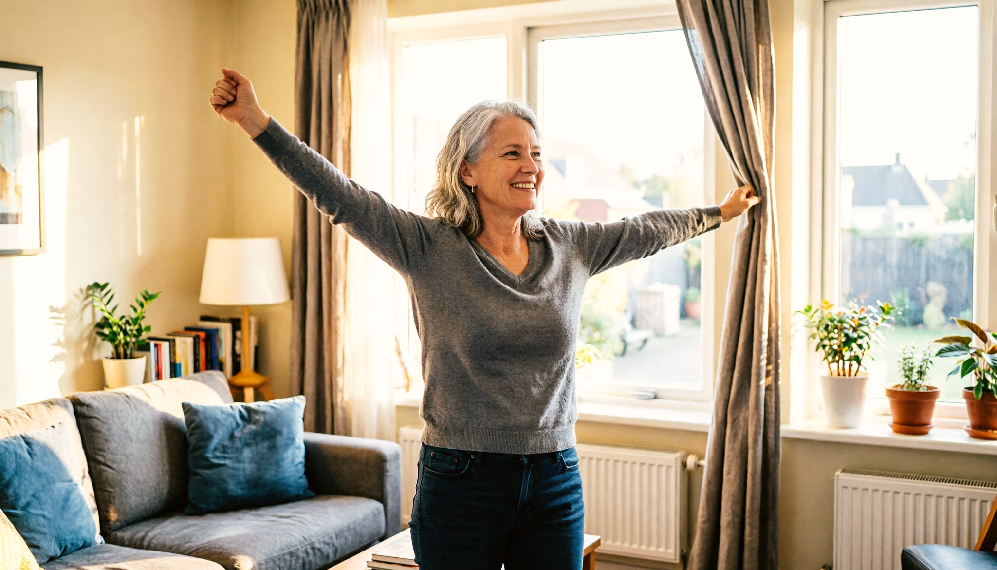 A homeowner enjoying a calm morning at home, mortgage handled