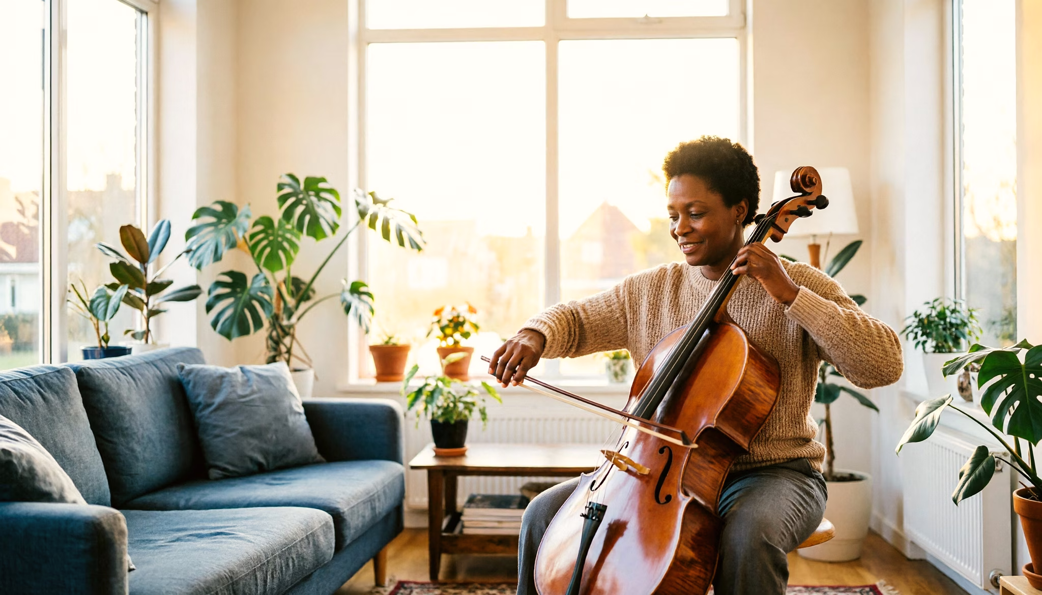 A woman in her late forties practises the cello in a bright, plant-filled living room