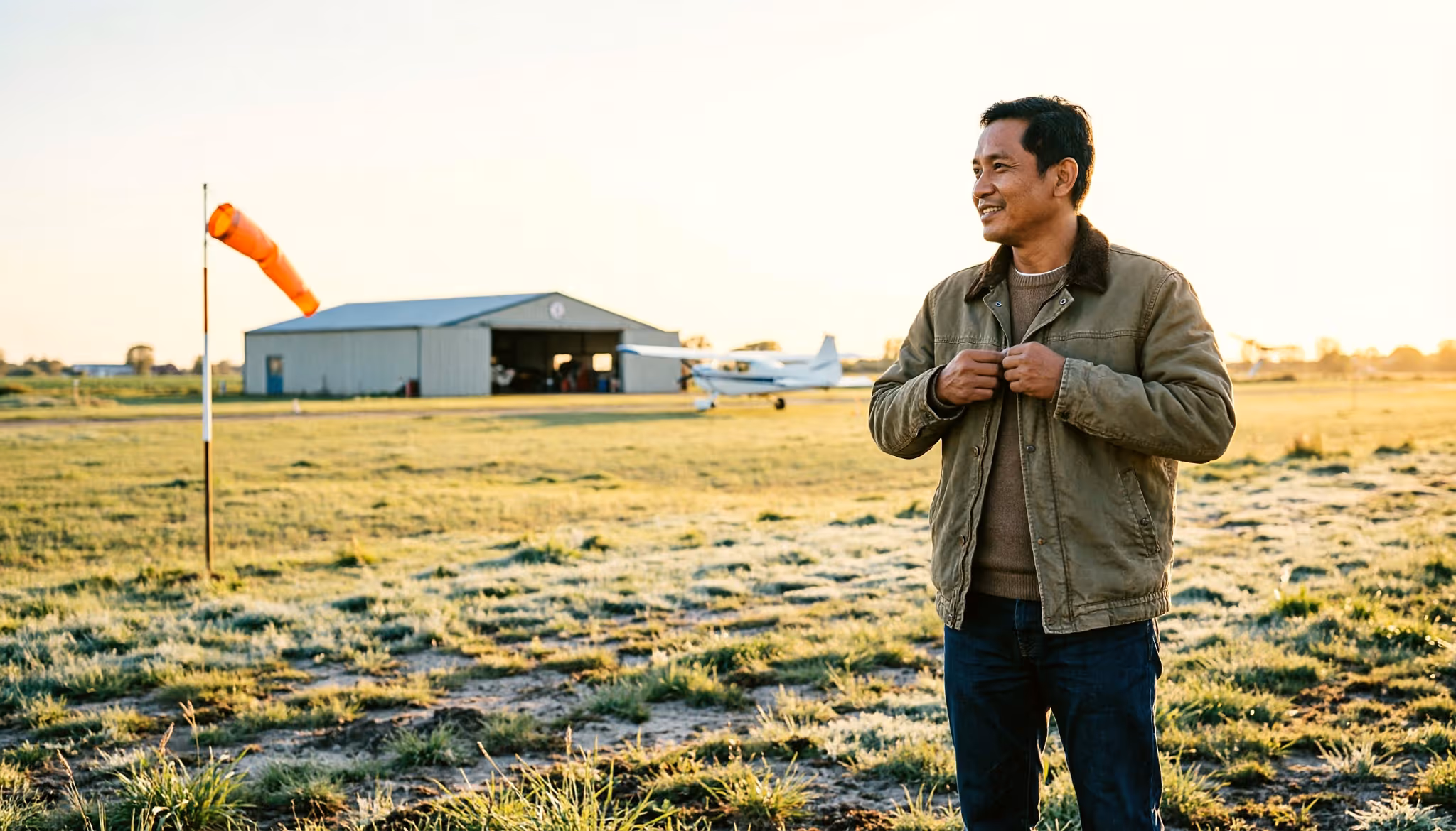 A man in his early fifties fastens his jacket on the grass beside a small Dutch airfield with an orange windsock