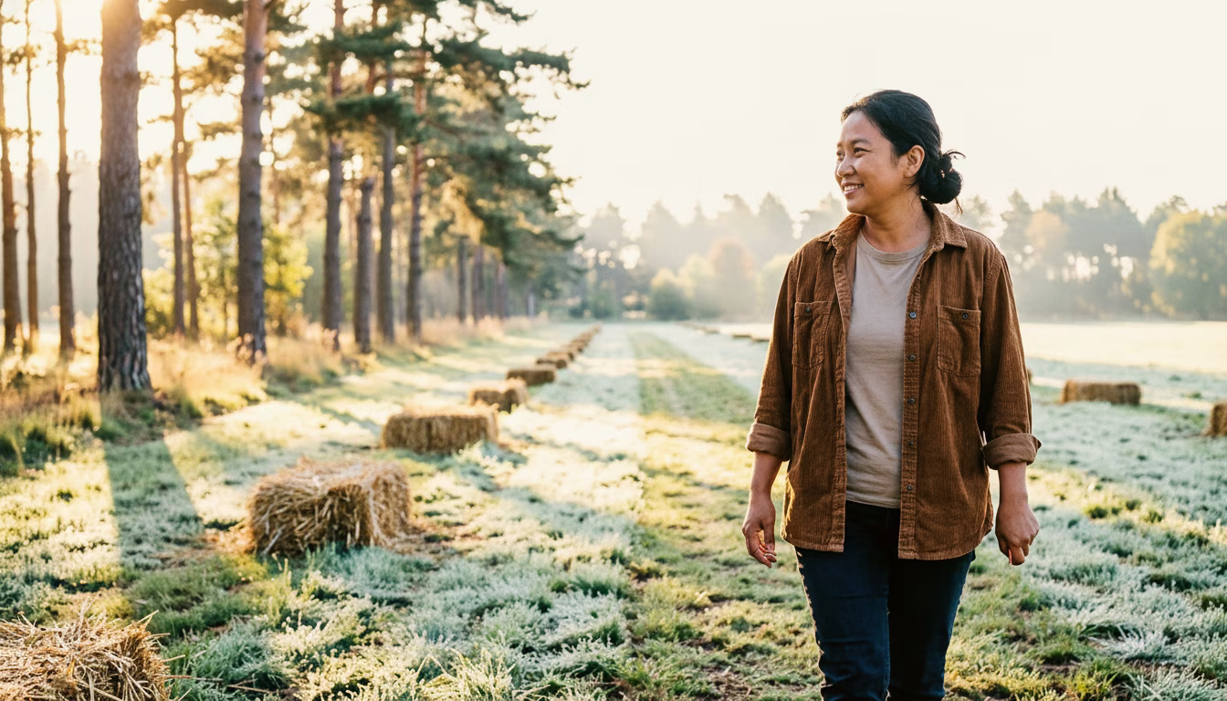 A woman walks back up a mown archery lane at the edge of a Dutch pine wood, bow lowered, arrows in hand