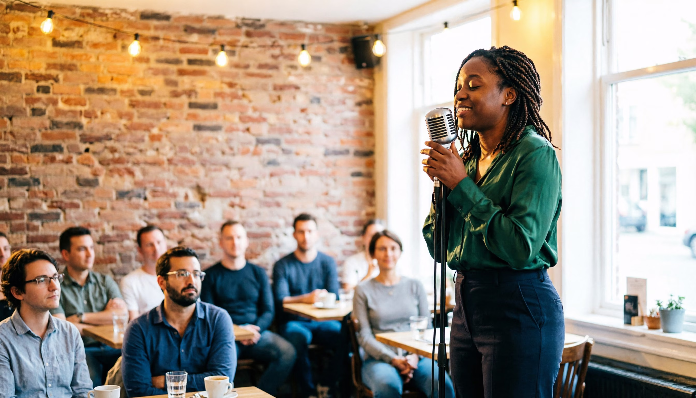 A singer-songwriter performs at a microphone on a small café stage