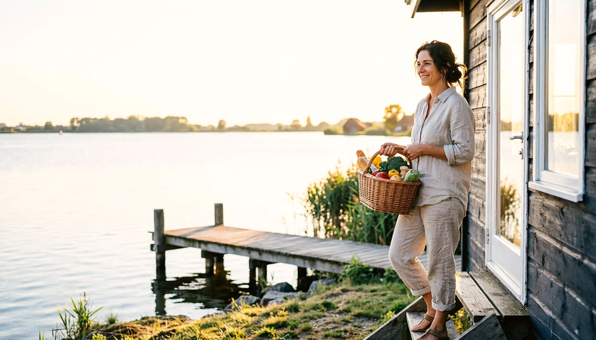 Een vrouw van in de veertig loopt met een mand boodschappen de houten trap op naar een vakantiehuisje aan een meer, op een heldere ochtend.