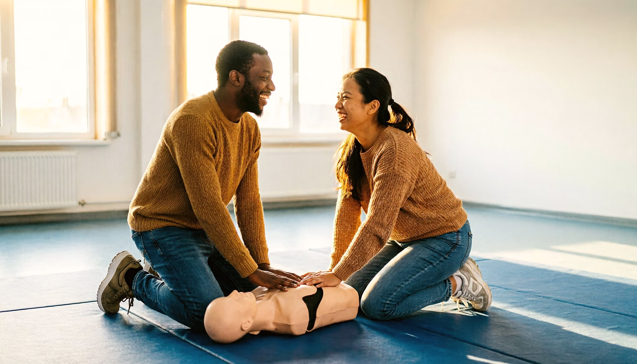 A couple sharing a laugh with the group at an evening first-aid course