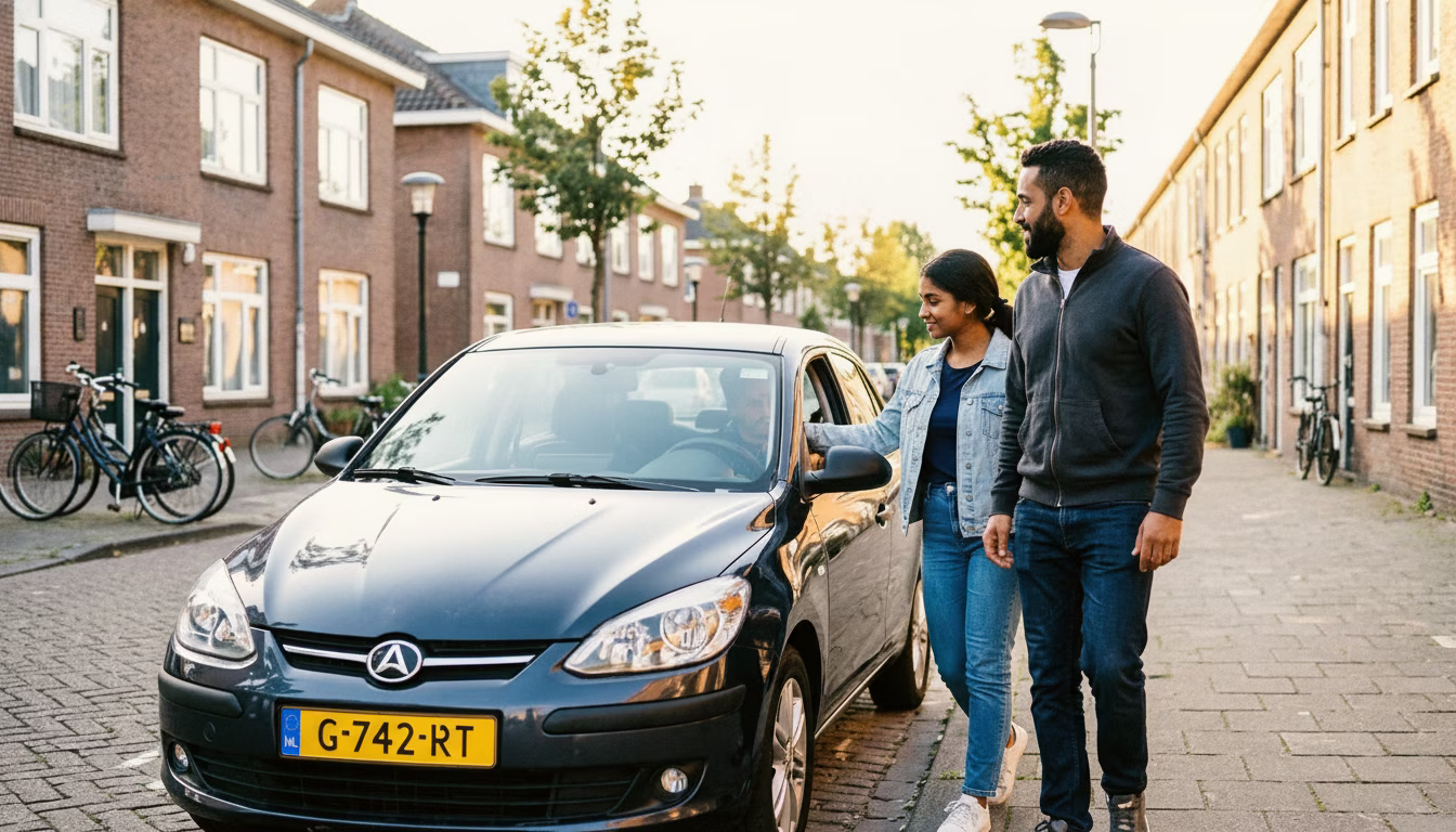 Een rij-instructeur loopt om zijn lesauto heen terwijl zijn leerling achter het stuur gaat zitten in een rustige Nederlandse straat