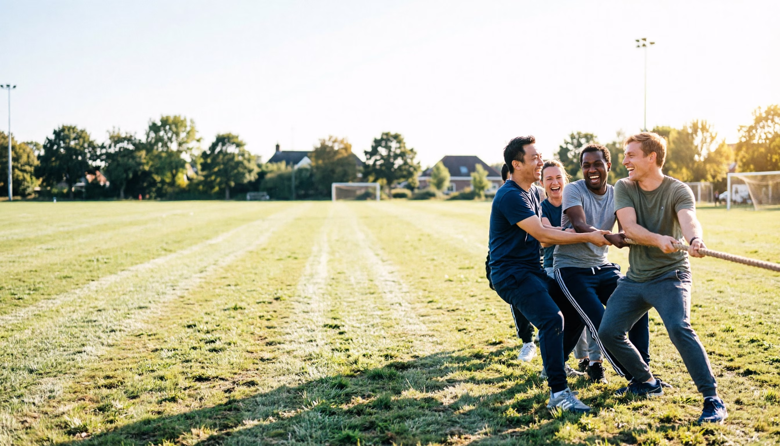 A mixed team of five adults leans back on one rope in a tug of war at a neighbourhood sports morning