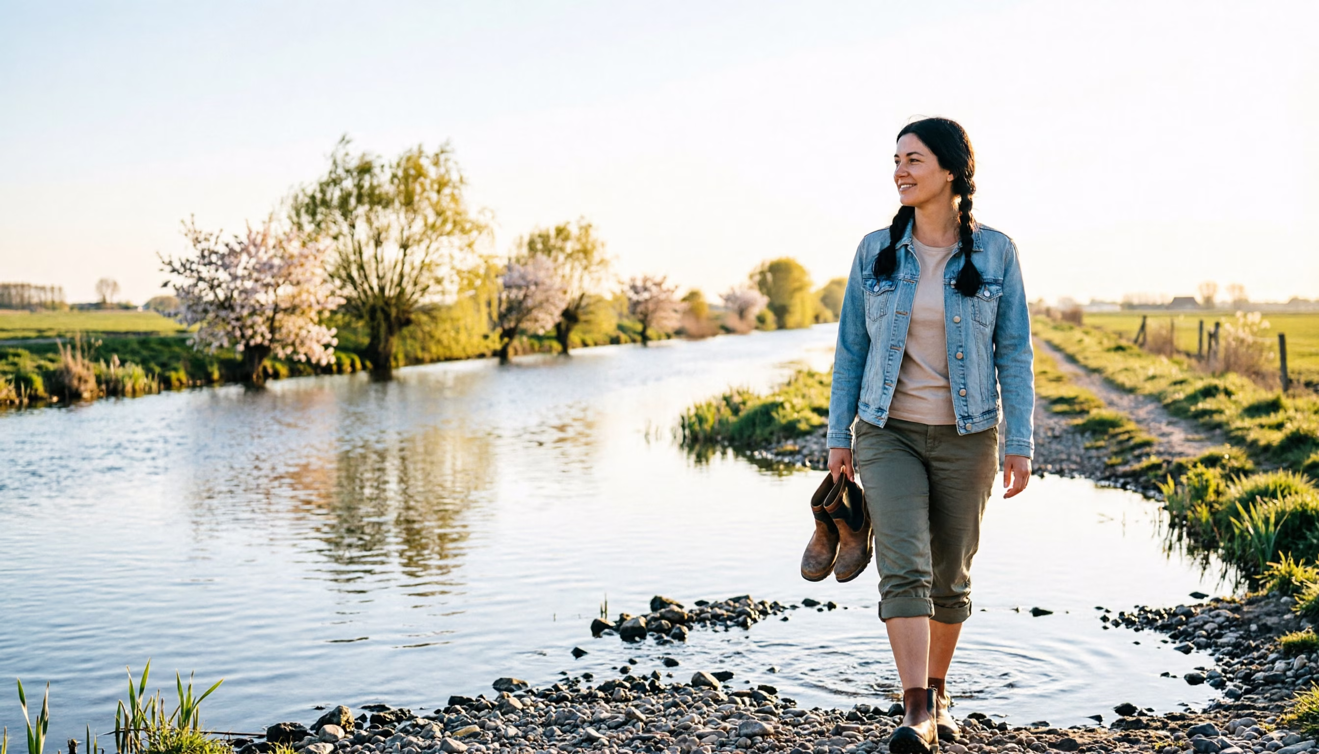 A woman in her early thirties walks barefoot through the shallow water of a Dutch polder stream on a spring afternoon