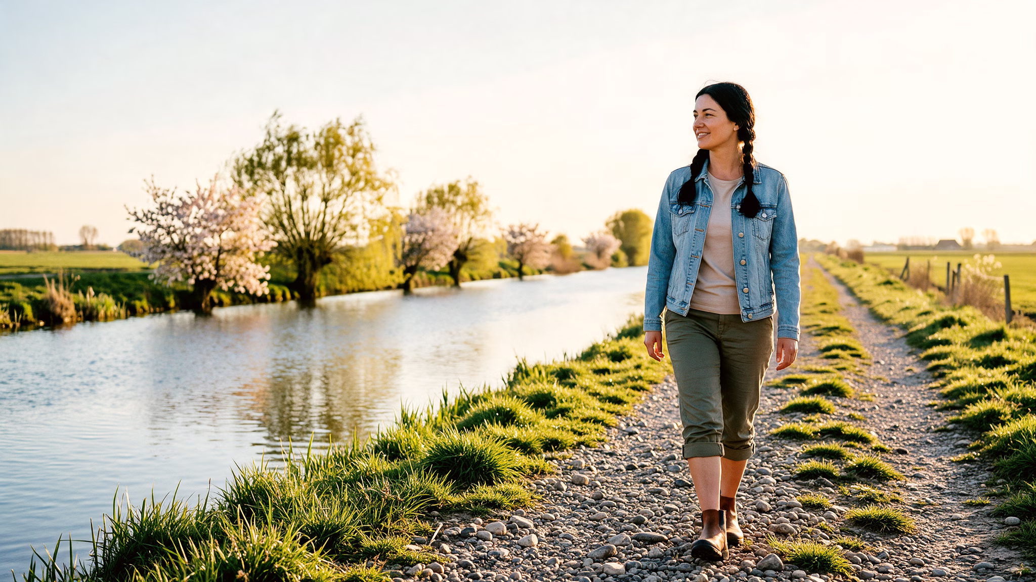 A woman in her early thirties walks barefoot through the shallow water of a Dutch polder stream on a spring afternoon