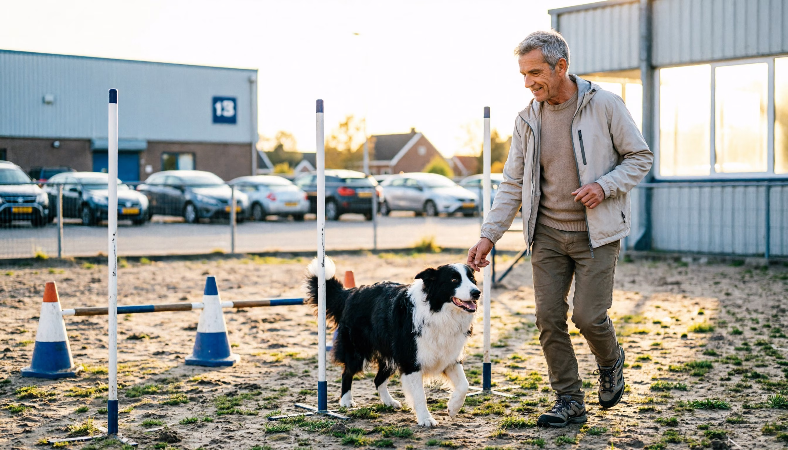 Een man van eind vijftig leidt zijn hond door de slalompaaltjes op een Nederlands behendigheidsveld
