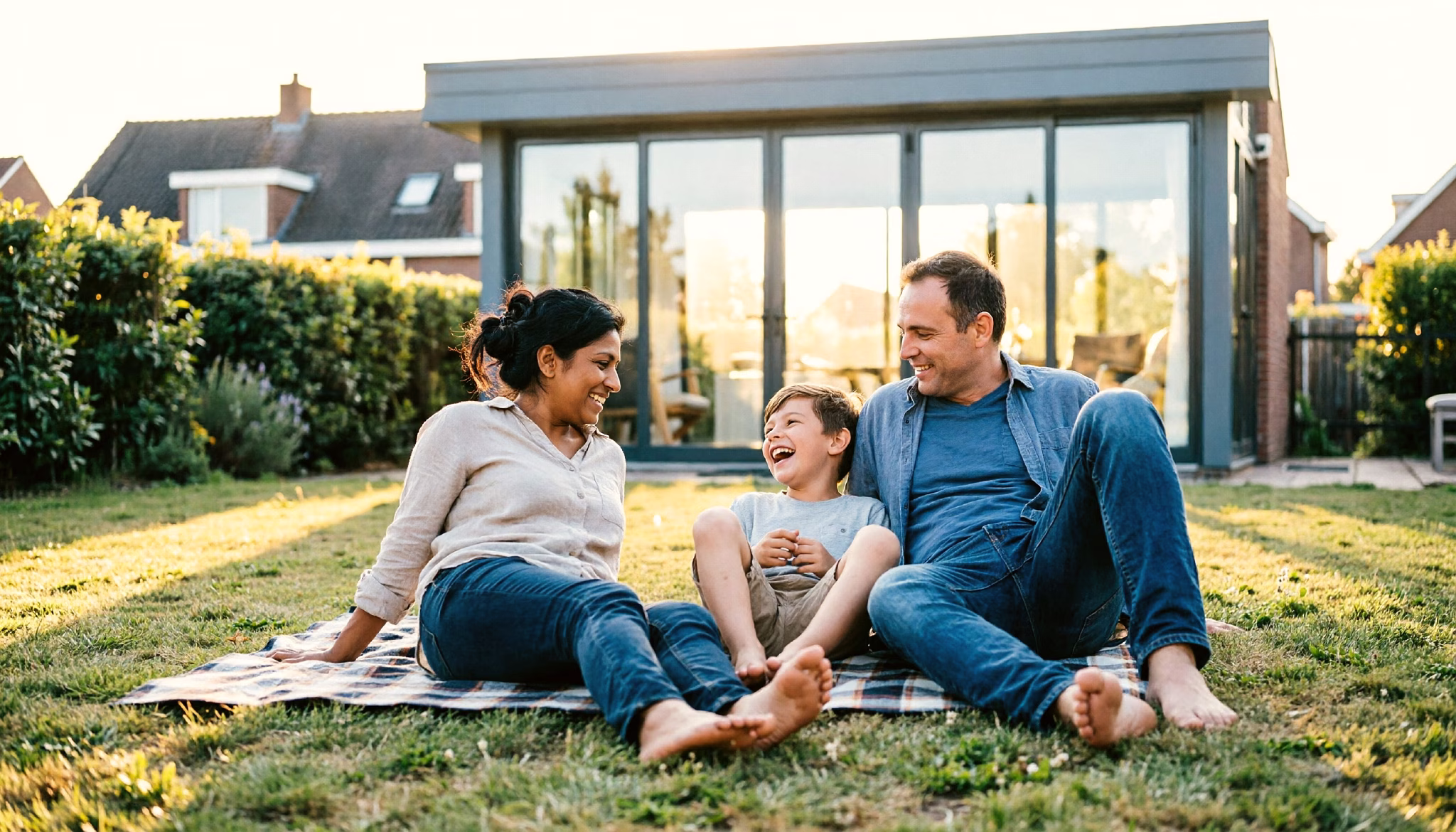 A couple and their son lie back on the grass of their garden, laughing, beside the open doors of their new extension