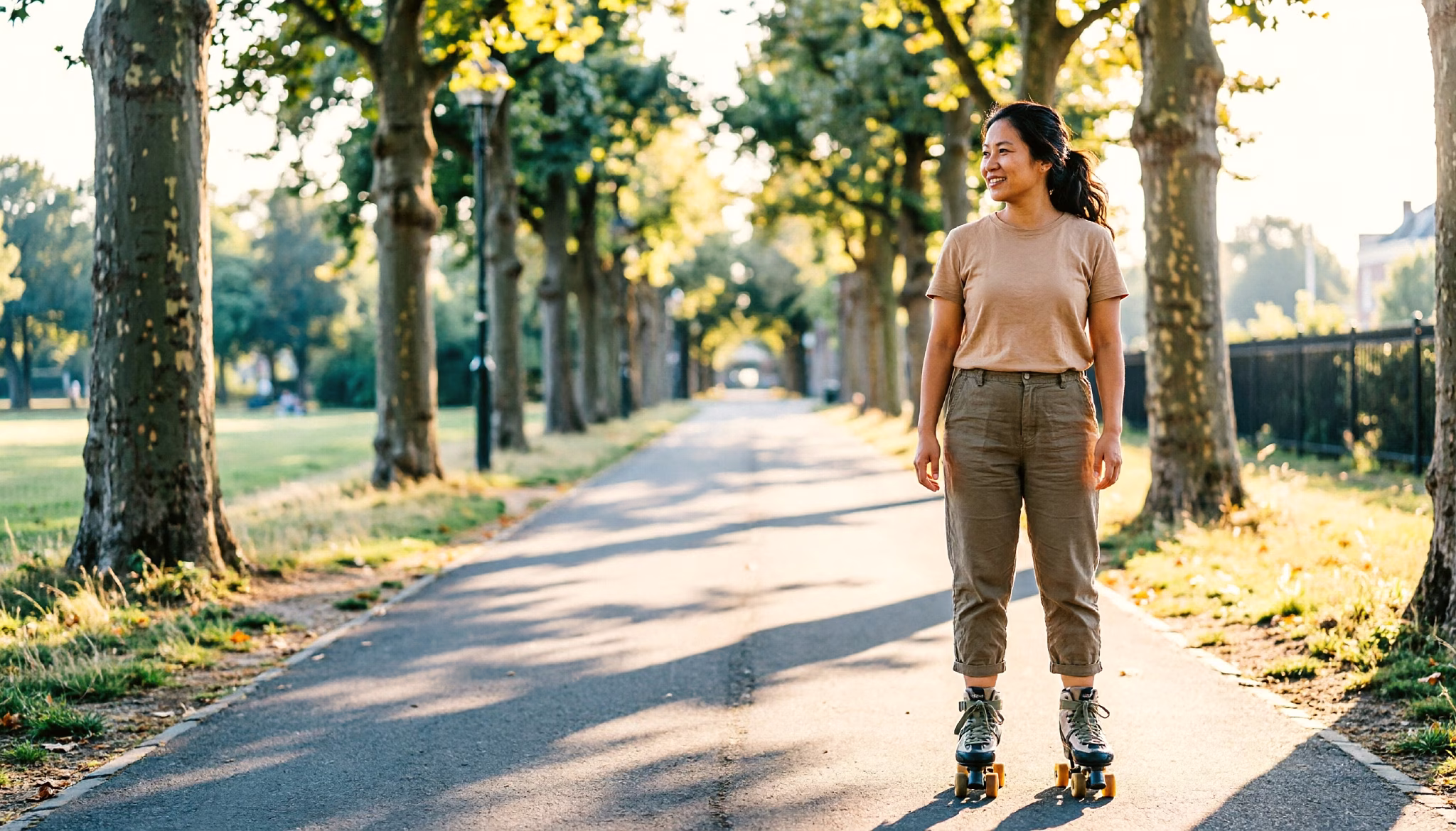 Een vrouw van begin dertig skeelert over een lommerrijk pad in een zonnig Nederlands park