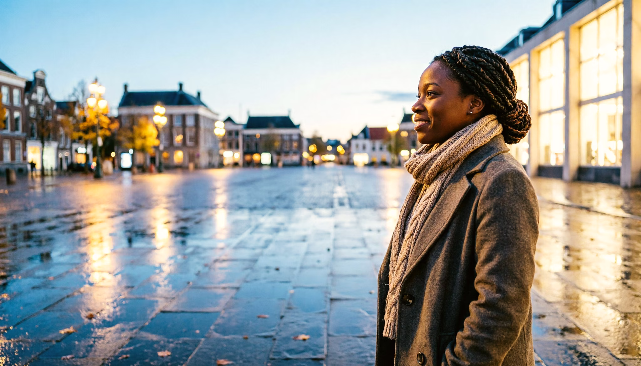 A woman stands alone at the edge of a wide city square at dusk, coat still open, watching the lamps come on across the empty paving