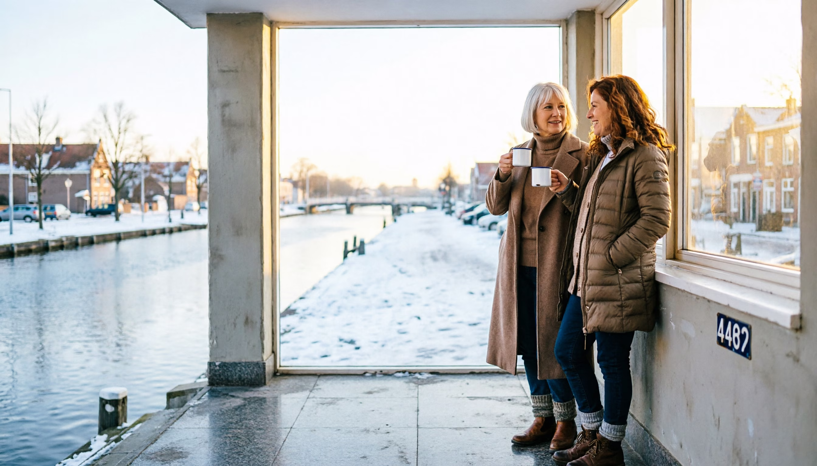 Two flatmates paused under the glazed portico of a Dutch apartment block on an overcast winter morning, one lifting an enamel mug