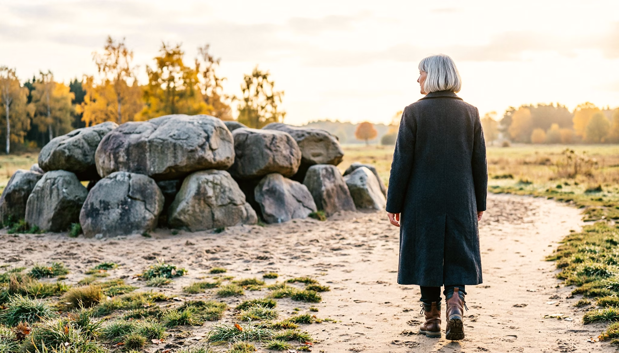 Een vrouw in een wollen jas loopt op een grijze herfstochtend alleen over een zandpad langs een hunebed in Drenthe.