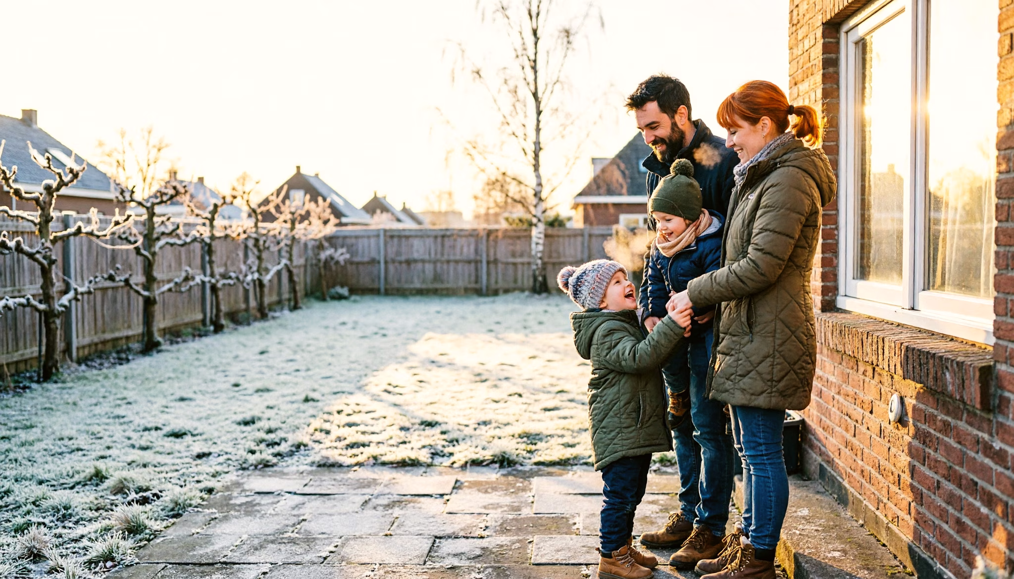 A family of four on the back terrace of their home on a clear winter afternoon, one parent lifting the youngest child onto a hip