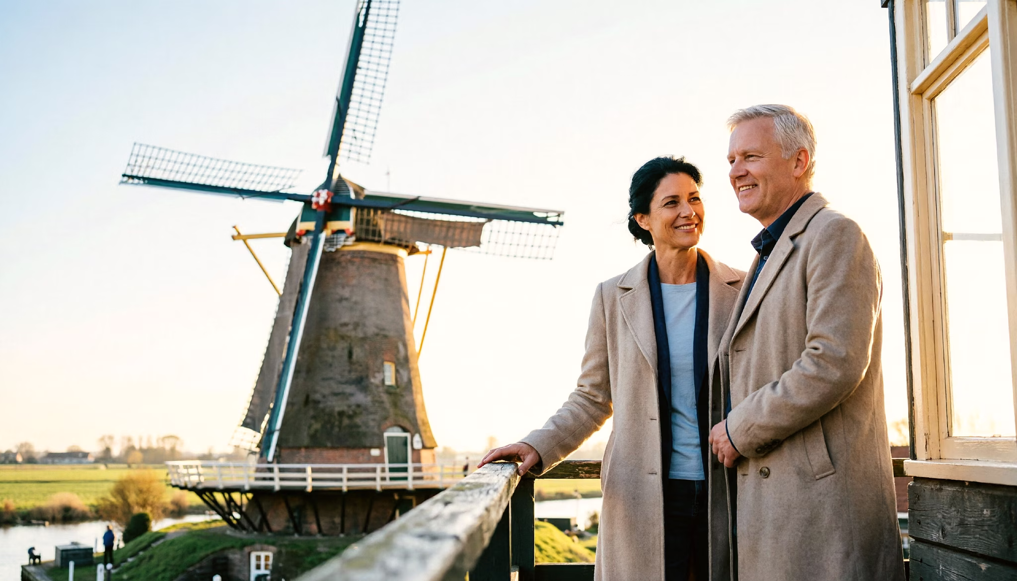 Een stel van in de vijftig kijkt uit vanaf de houten stelling van een werkende Nederlandse molen, met draaiende wieken en open lucht erboven.
