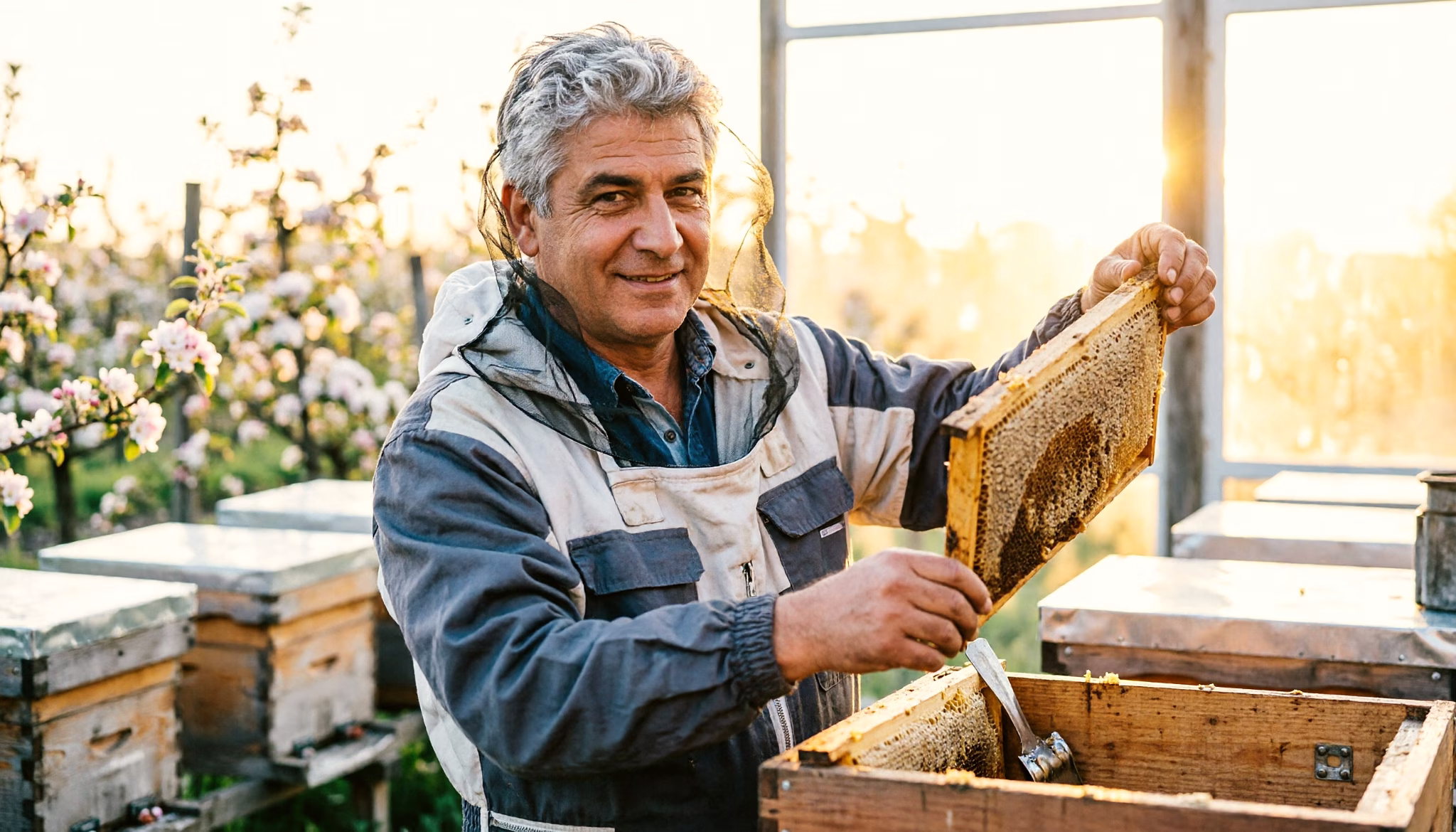 A beekeeper lifts a honeycomb frame from a hive at the edge of a Dutch apple orchard