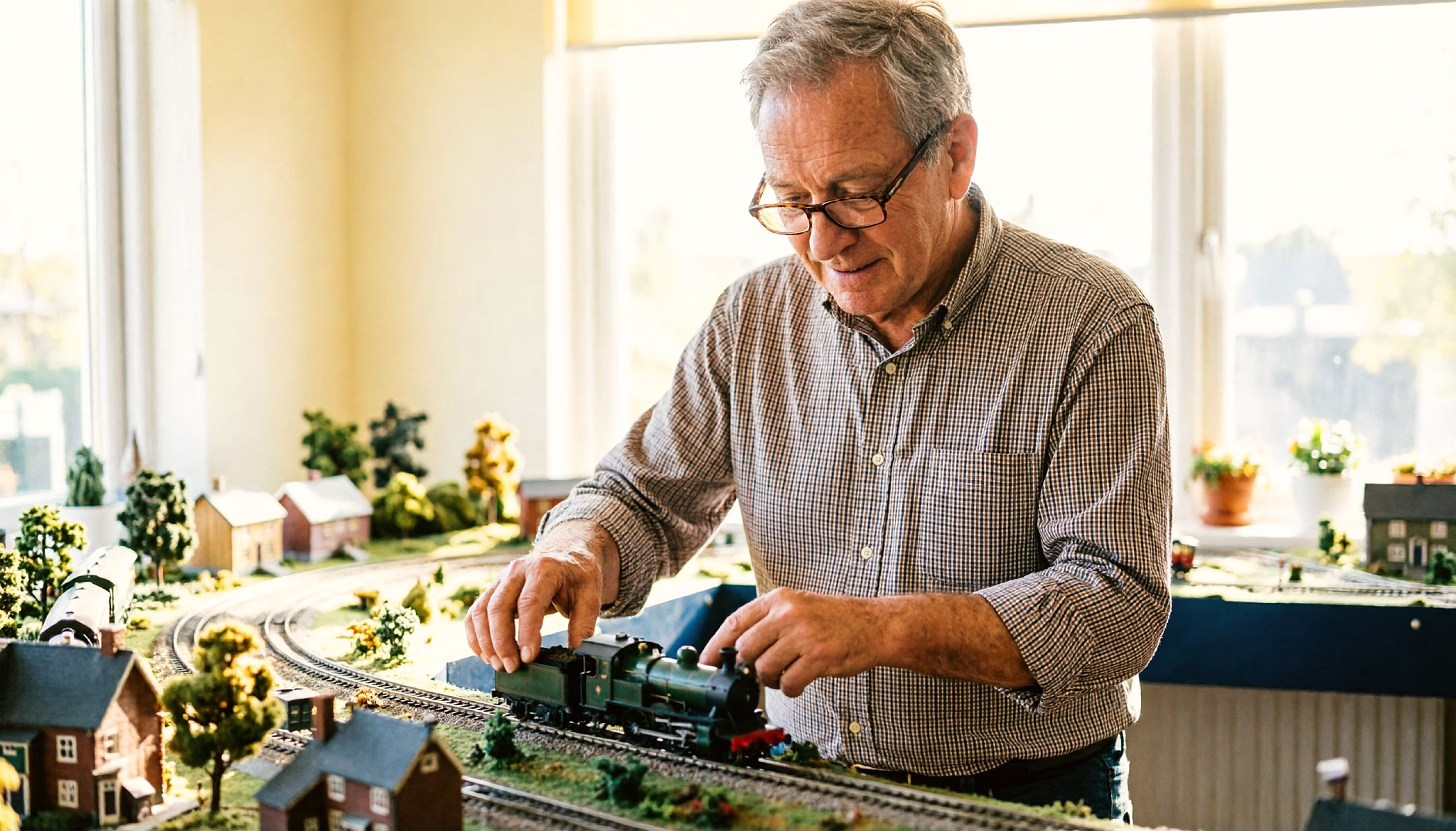Een man plaatst een locomotief op een modelspoorbaan in een lichte hobbykamer