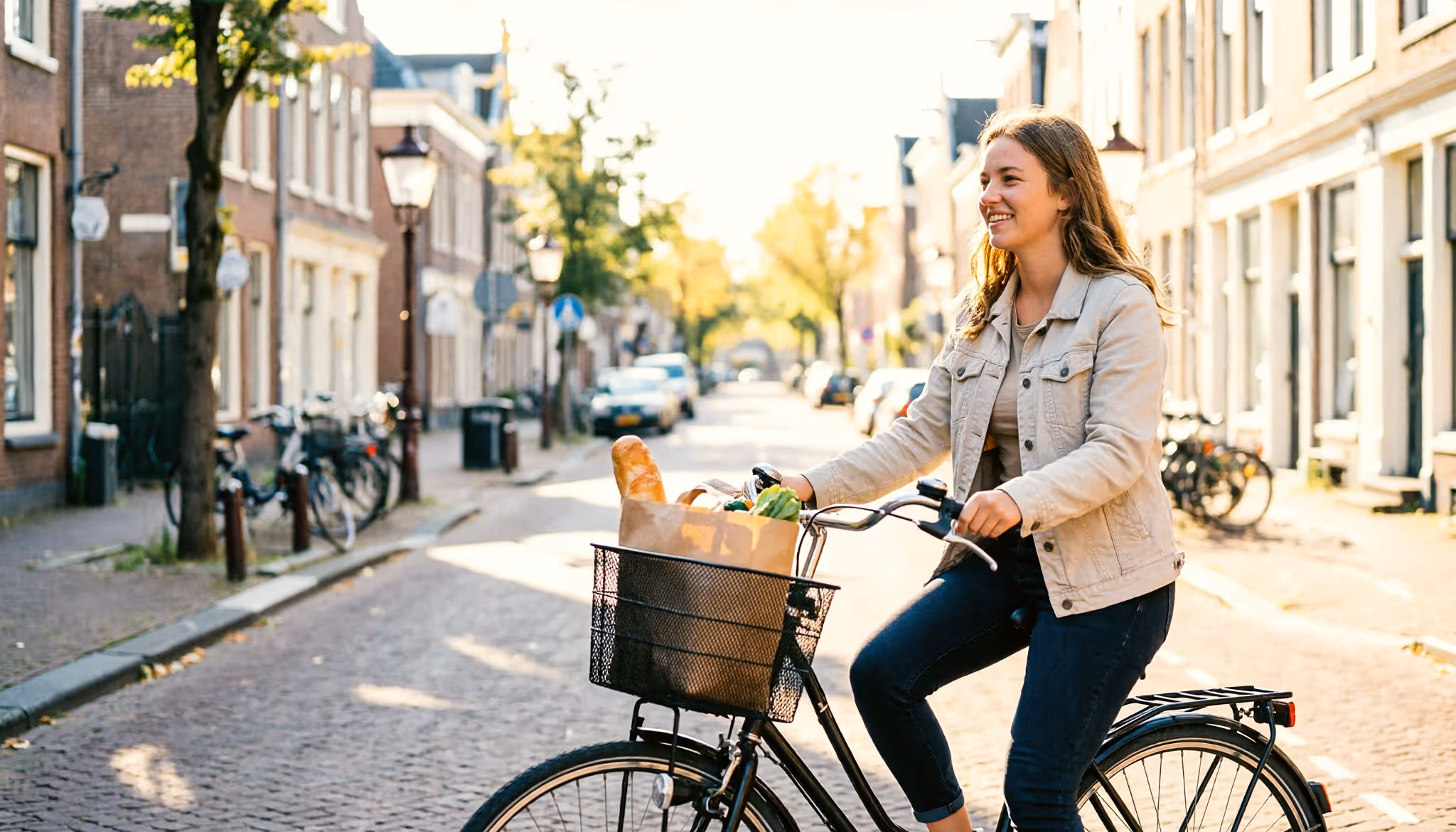 Een jonge vrouw fietst naar huis door een Nederlandse laan met een papieren tas boodschappen in haar fietsmand, op een zonnige ochtend.