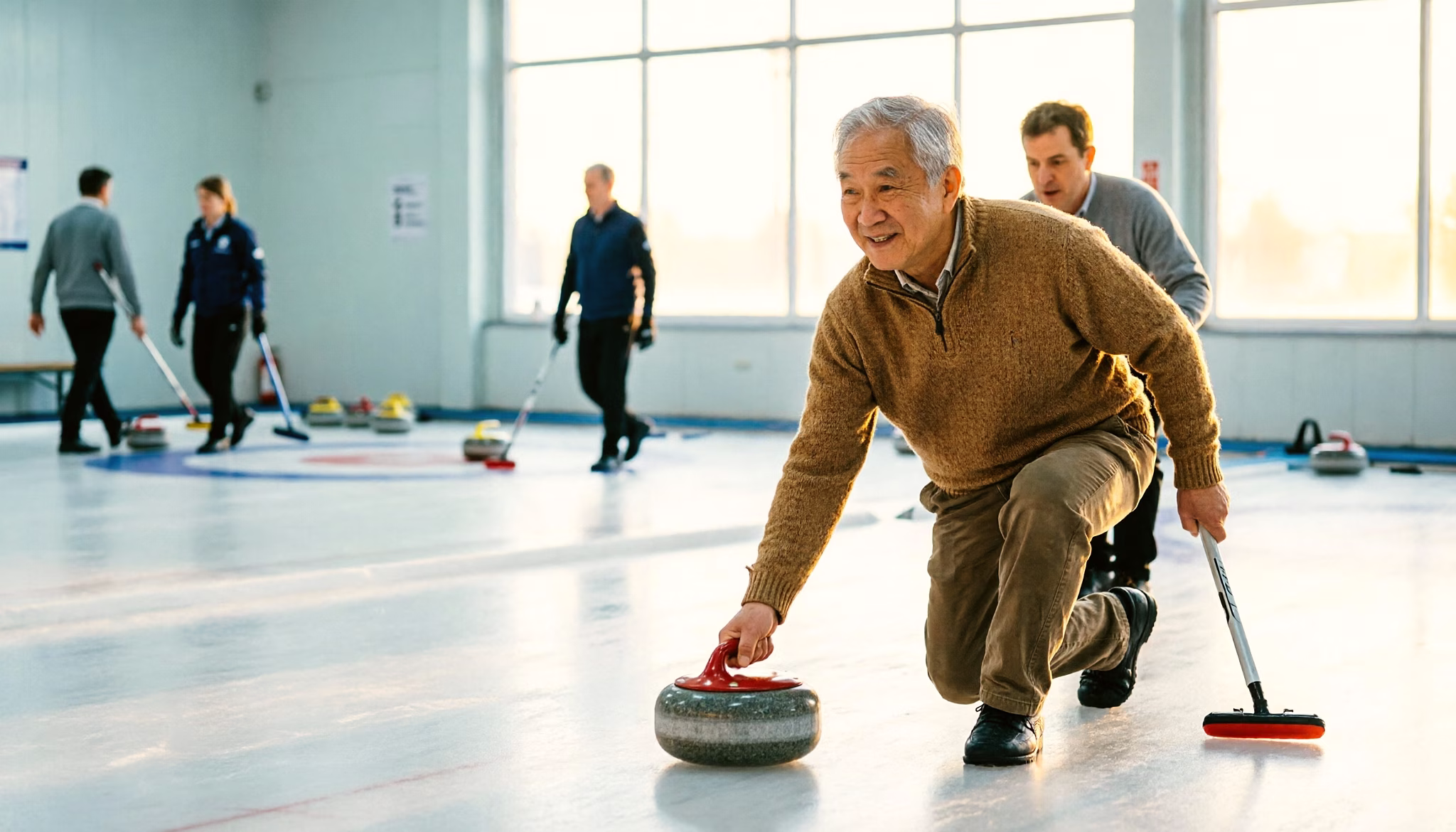 An older man delivers a curling stone down the ice at an indoor rink, a teammate ready with a brush