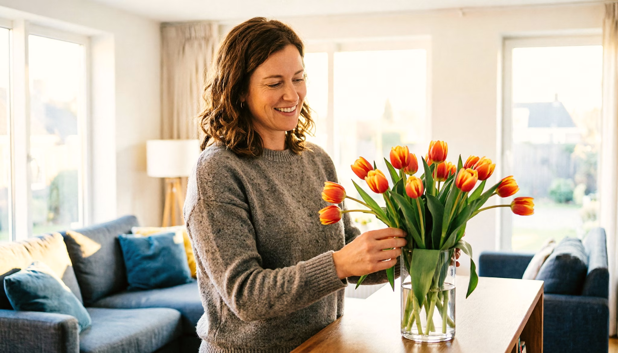 A returning Dutch professional arranges fresh tulips in a vase in her bright living room