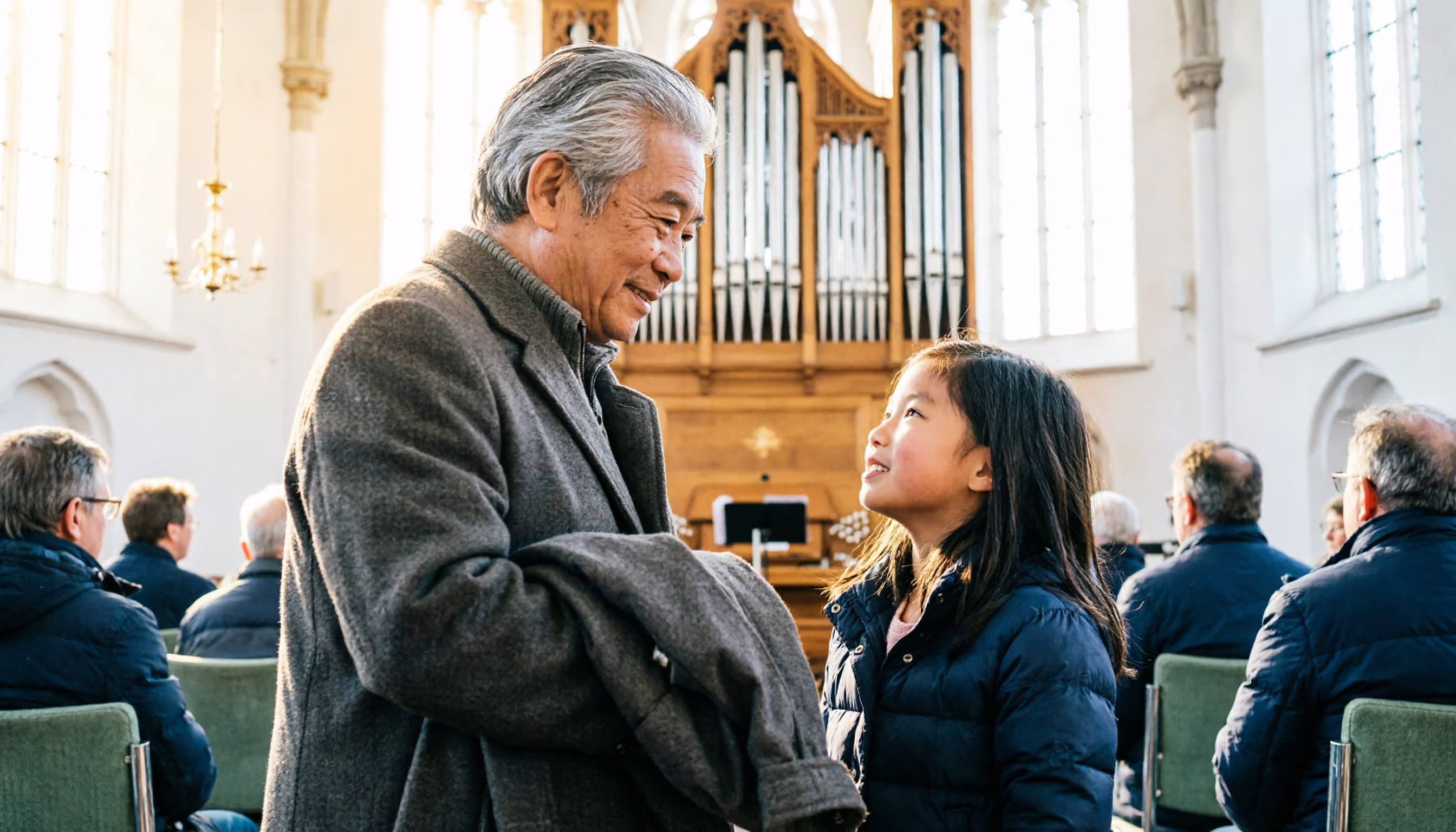 Een opa en zijn kleindochter luisteren naar een lunchconcert op het orgel in een oude kerk