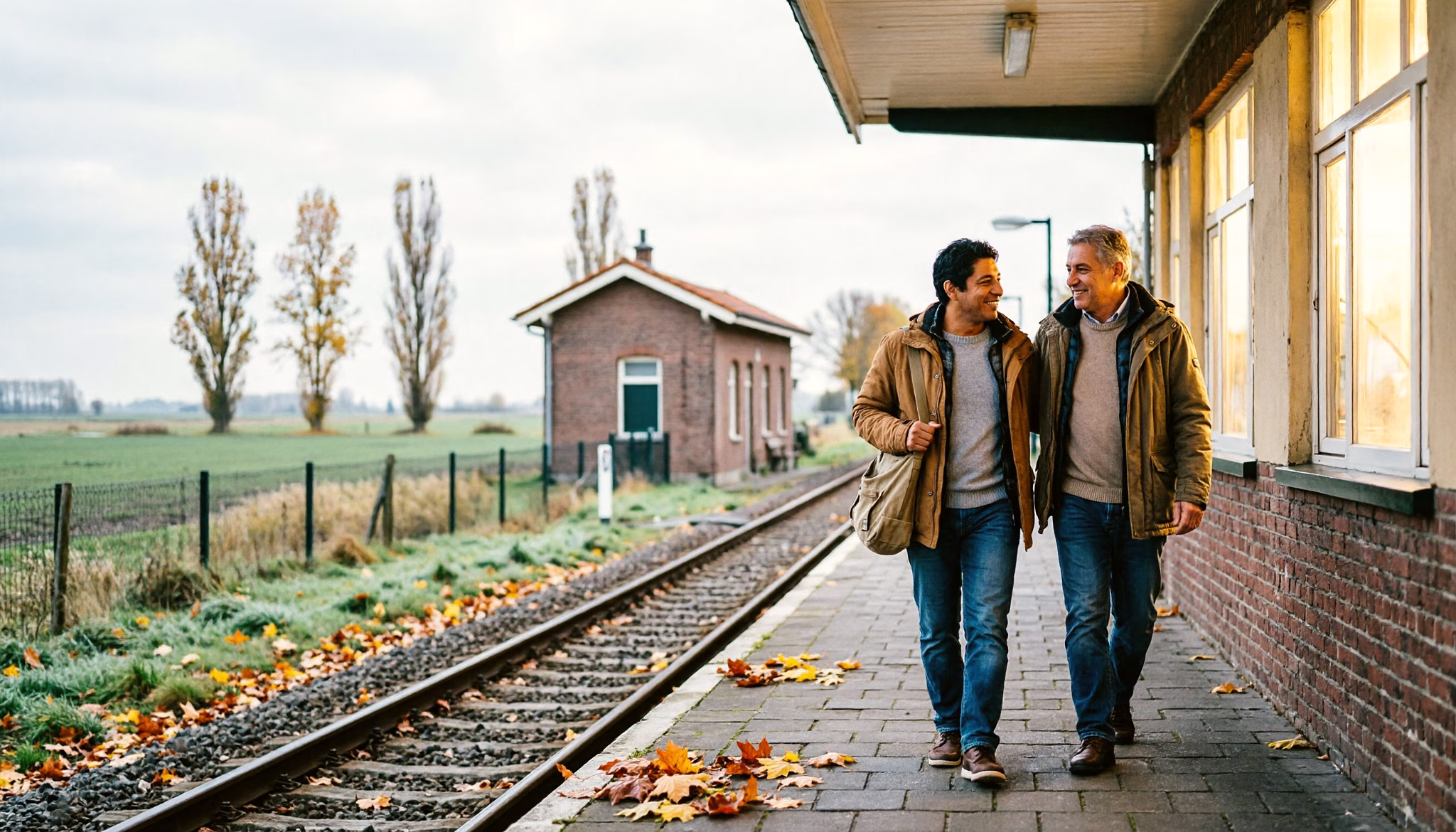 A couple in their fifties walk along a quiet rural station platform on an overcast autumn afternoon, small in a wide flat Dutch landscape