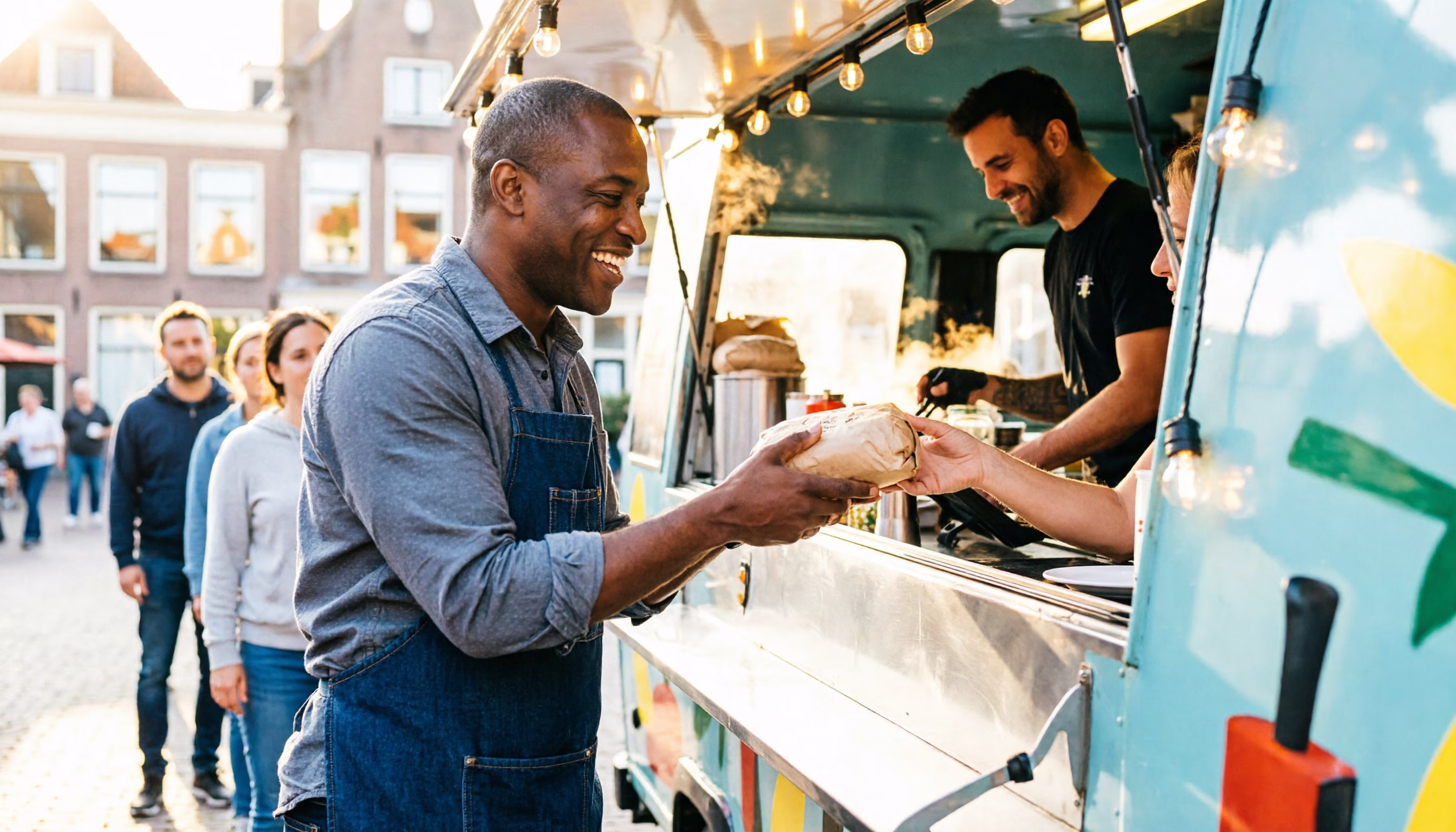 A food truck owner hands a customer a lunch order during the midday rush on a Dutch square