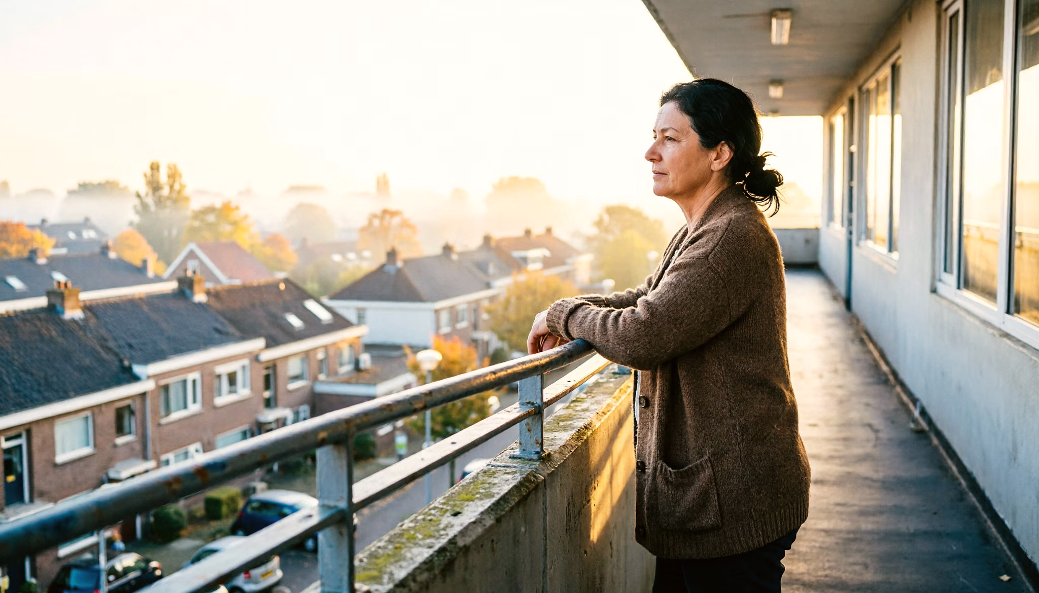 Een ondernemer staat aan de reling van een galerij op de vierde verdieping boven de ochtendmist