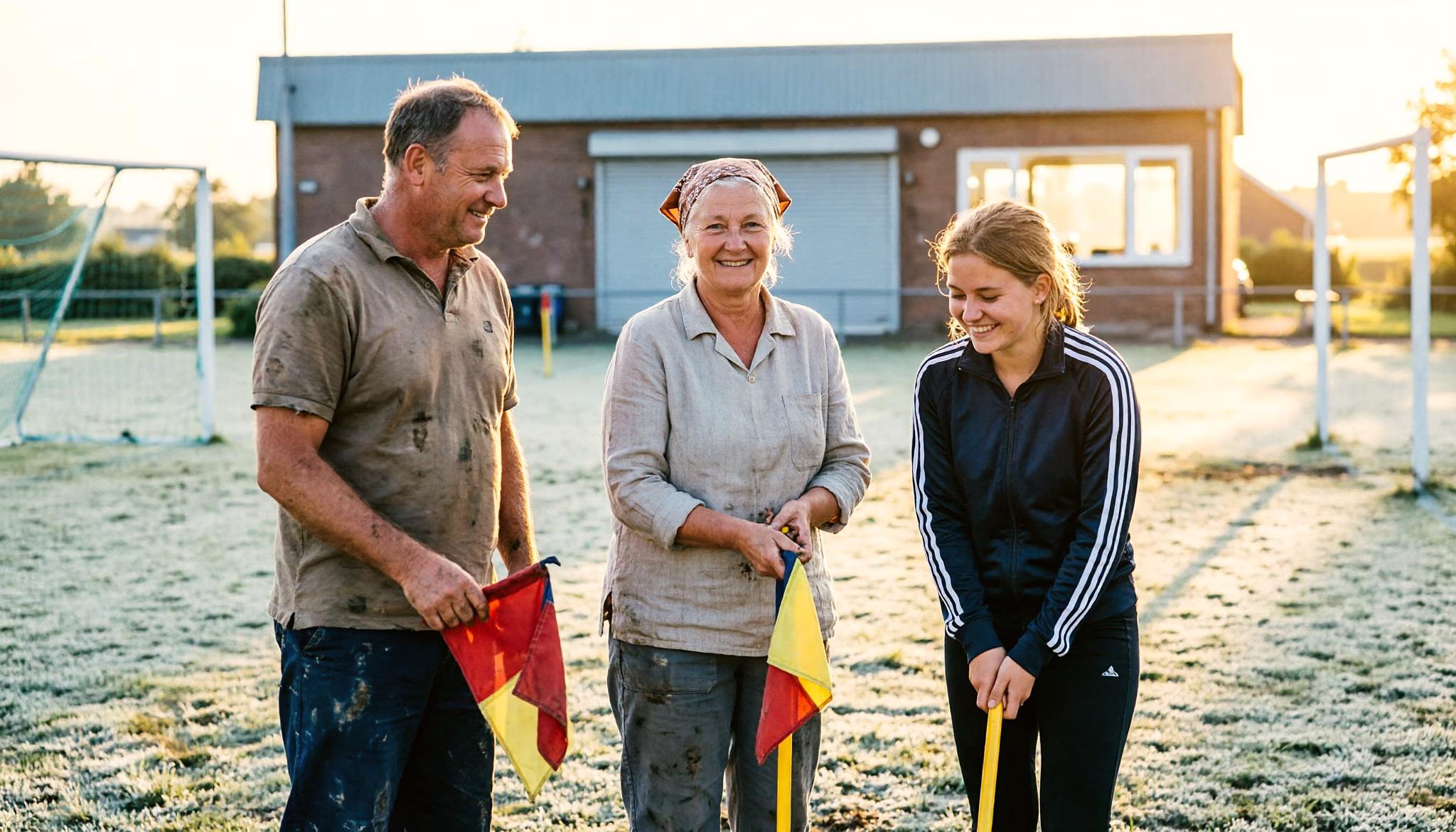 Three people plant the corner flags around a village sports field at first light in summer, the goal posts already standing at either end