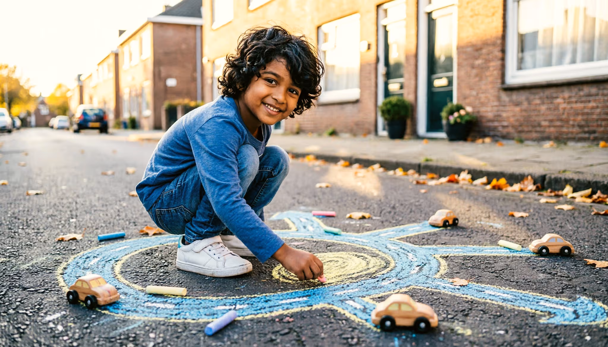 Een vader en dochter spelen hinkelen op straat voor hun Nederlandse rijtjeshuis