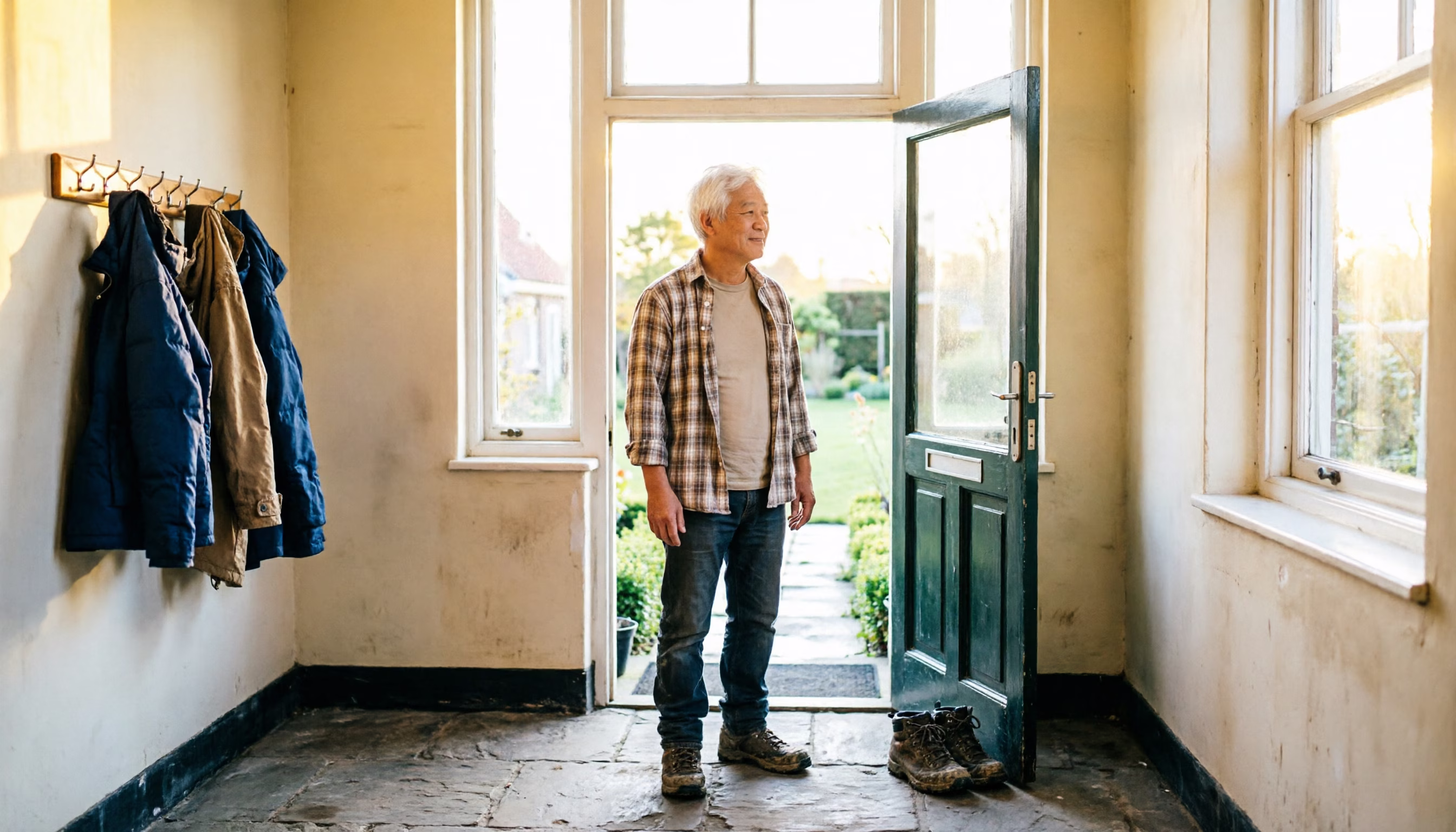 Een ondernemer trekt zijn wandelschoenen uit in de bijkeuken, met de achterdeur open naar een natte tuin