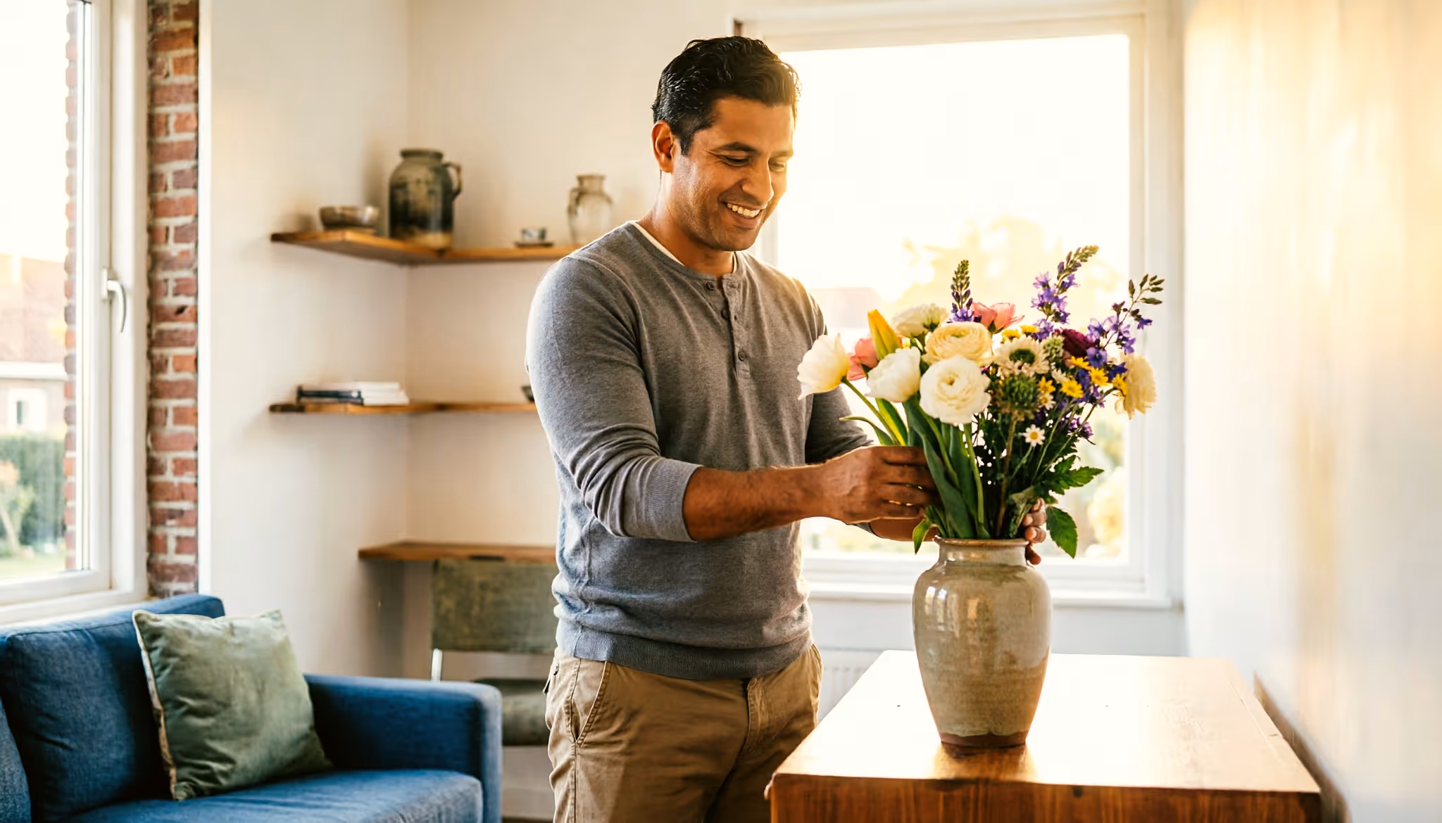 Een man van eind dertig schikt verse bloemen in een vaas in zijn zonnige woonkamer.