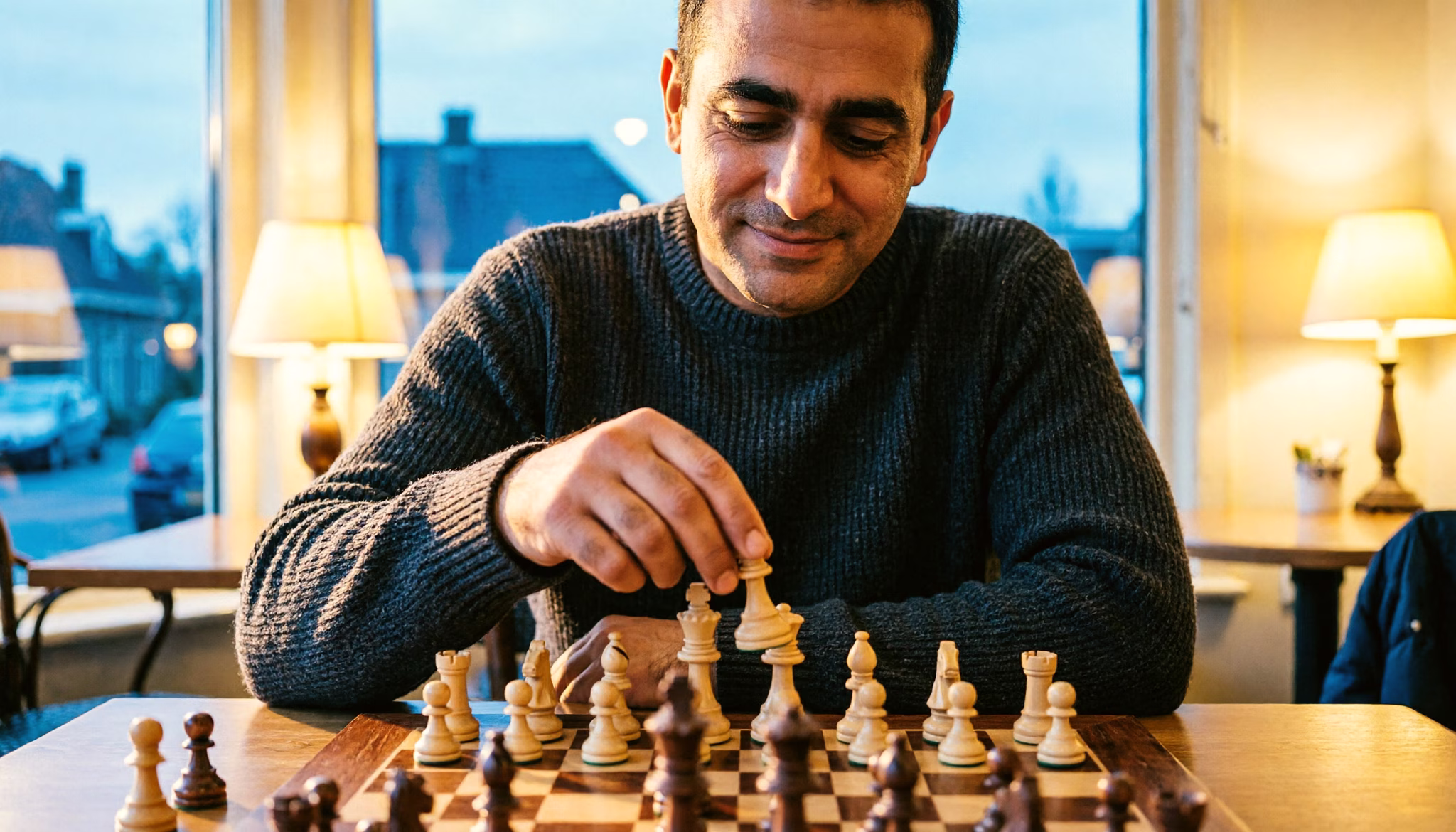 A man's hands set the last pieces onto a chessboard on a cafe table, the lamplight low and the winter windows behind gone deep blue