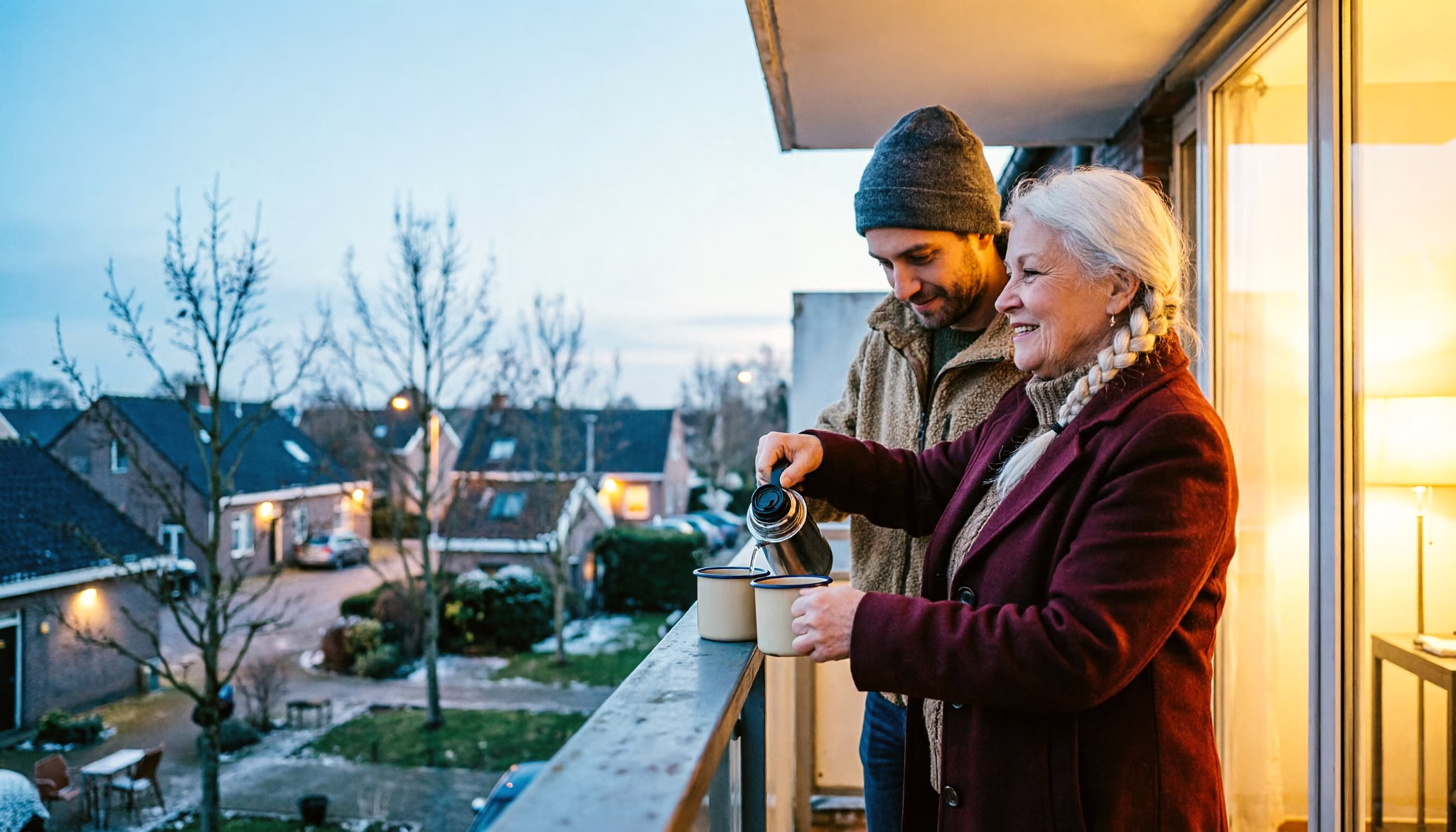 Twee generaties delen een thermoskan thee op een appartementbalkon in Nederland, tijdens het blauwe uur in de winter